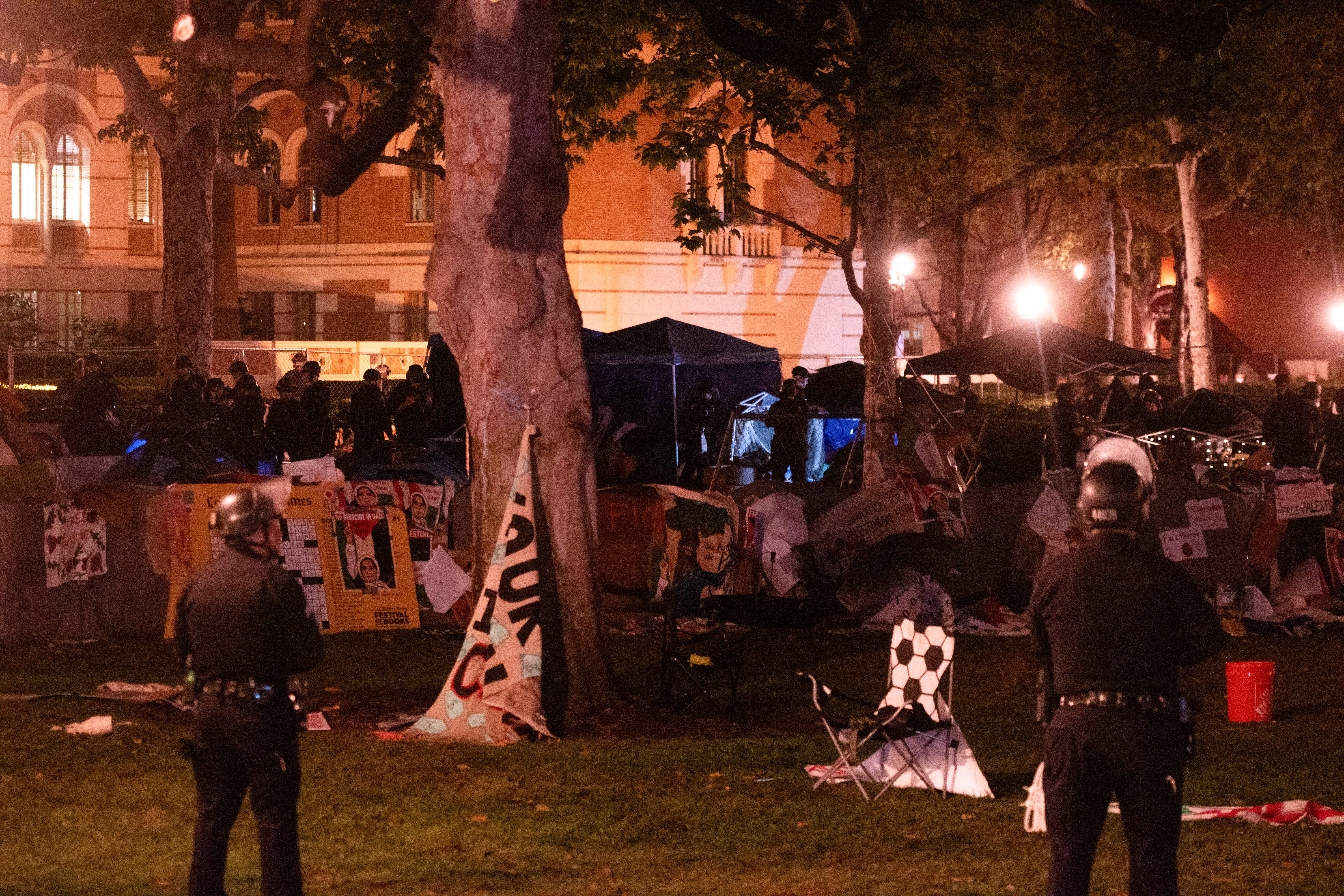 Police dismantle the pro-Palestinian encampment on Alumni Park at the University of Southern California in Los Angeles on May 5.