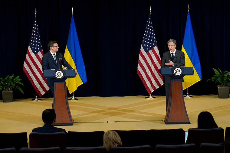 Secretary of State Antony Blinken, right, joined by Ukraine's Foreign Minister Dmytro Kuleba, speaks during a news conference at the State Department in Washington, Tuesday, Feb. 22, 2022.