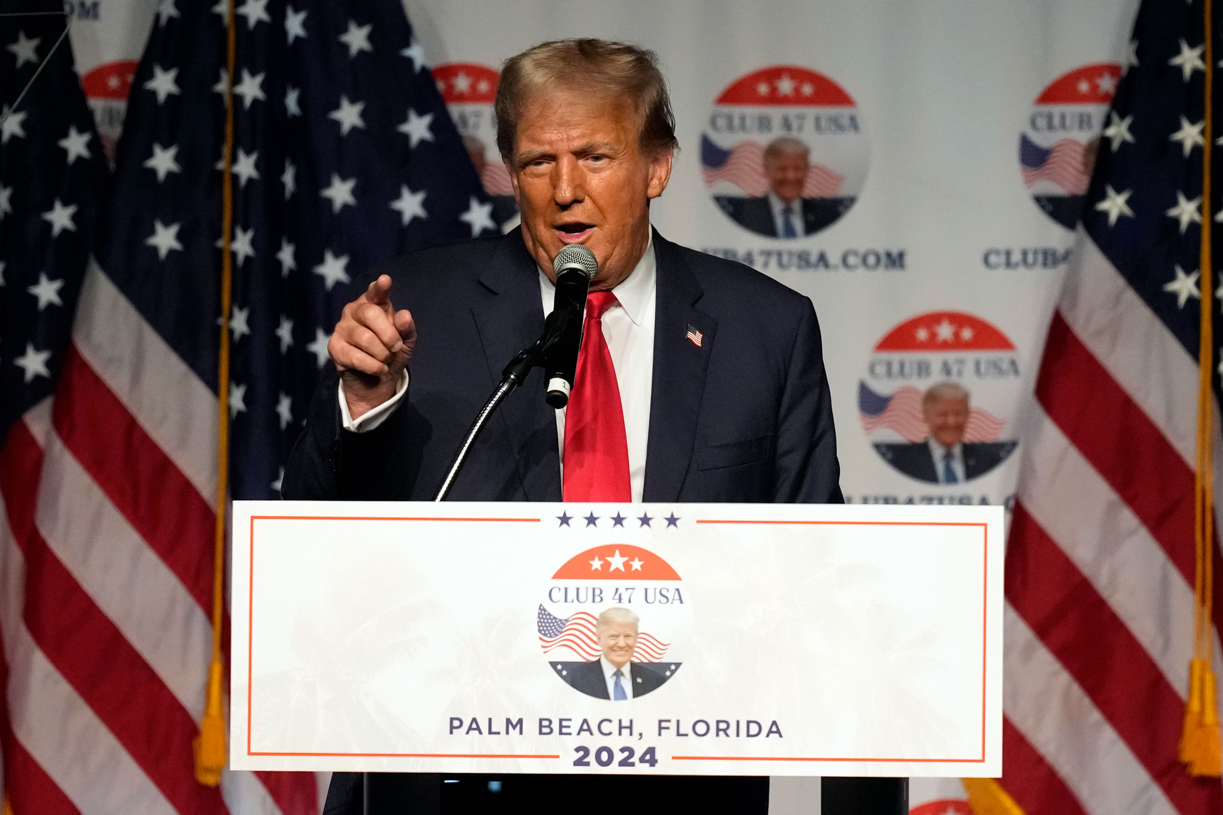 Former US President Donald Trump speaks at Palm Beach County Convention Center in West Palm Beach, Florida, on October 11, 2023.