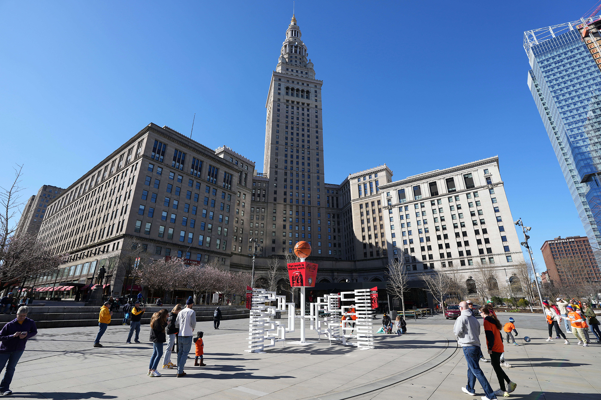 An installation showing the 2024 NCAA Tournament Women's March Madness basketball tournament playoff bracket is seen at Public Square, in Cleveland, on April 7.
