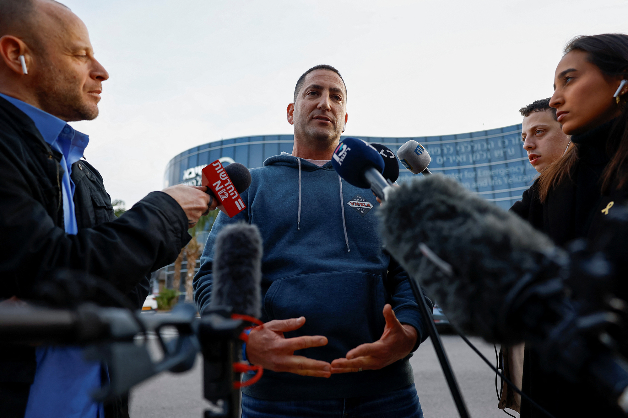 Idan Begerano, son-in-law of rescued hostage Louis Har speaks to members of the media at the Sheba Medical Center in Ramat Gan, east of Tel Aviv, Israel, on February 12.