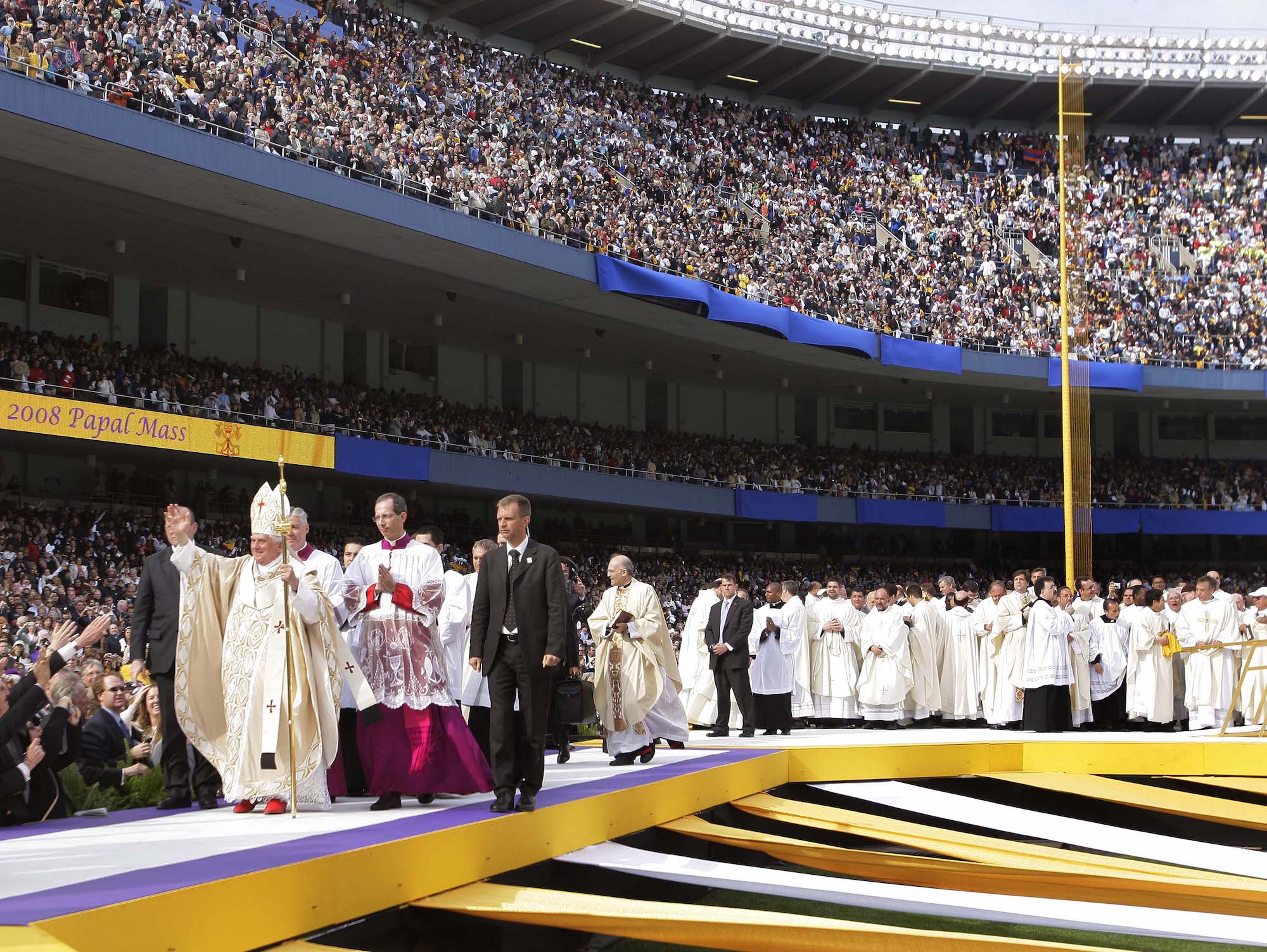 Benedict arrives to celebrate Mass at New York's Yankee Stadium in April 2008. During his trip to the United States, he also visited the White House and spoke to the United Nations General Assembly.