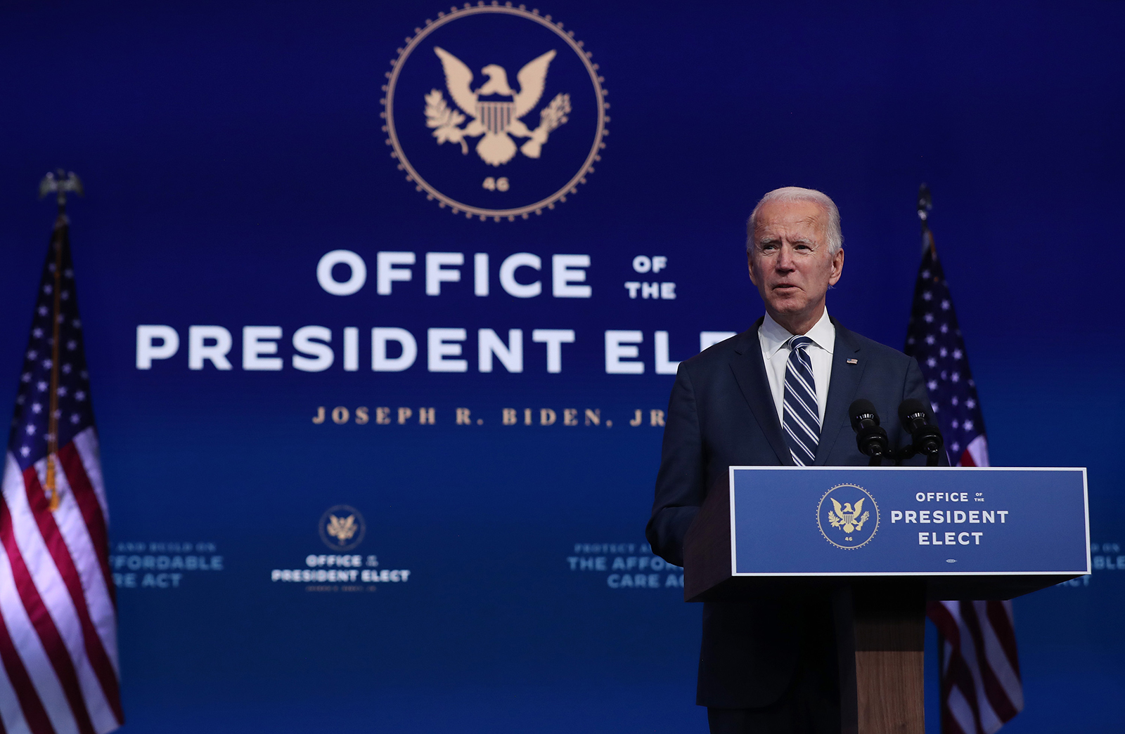 President-elect Joe Biden addresses the media about the Trump Administration’s lawsuit to overturn the Affordable Care Act on November 10, at the Queen Theater in Wilmington, Delaware.