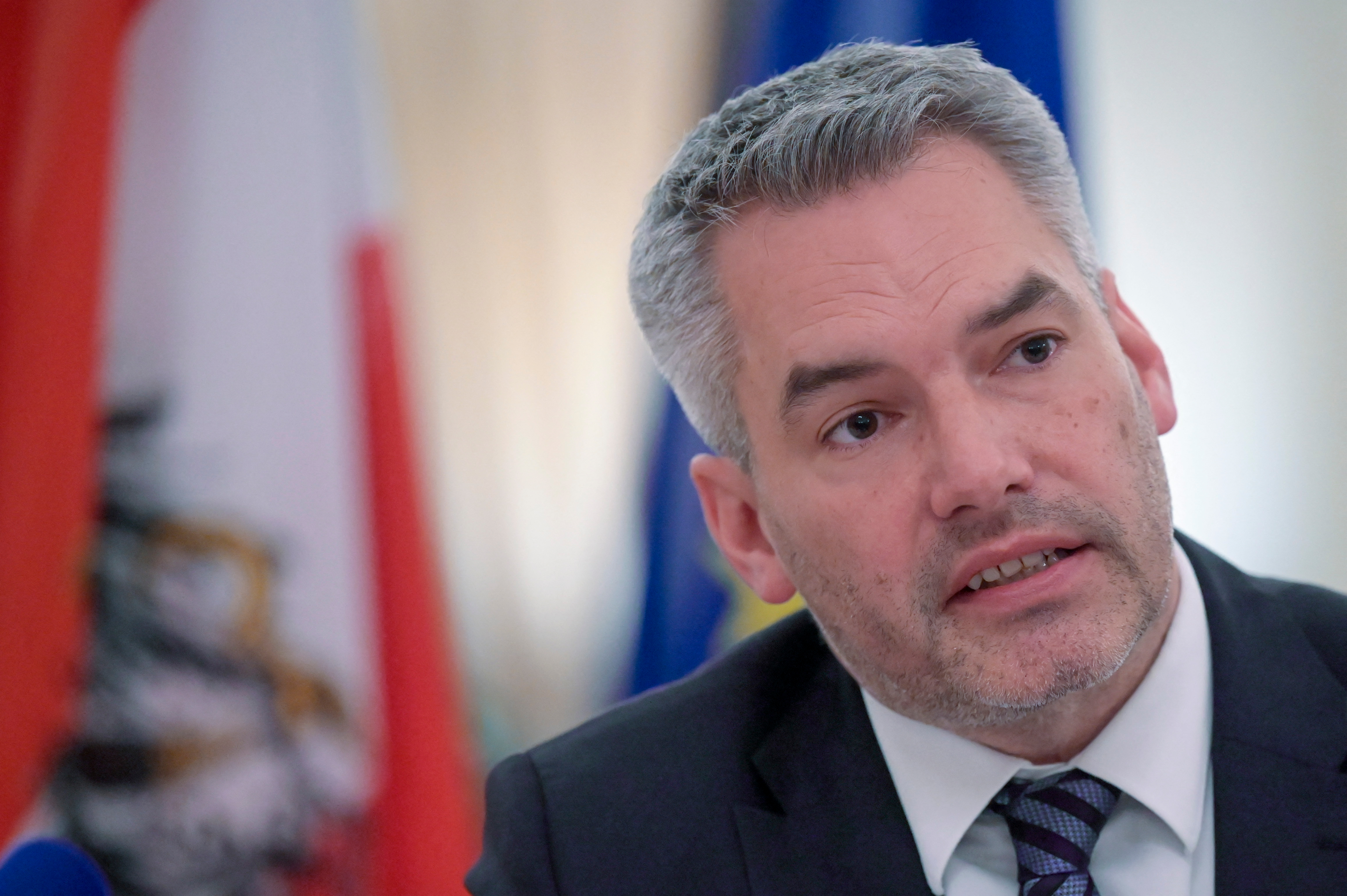 Austria's Chancellor Karl Nehammer speaks during a news conference after his meeting with Russian President Vladimir Putin in Moscow, Russia on April 11. 