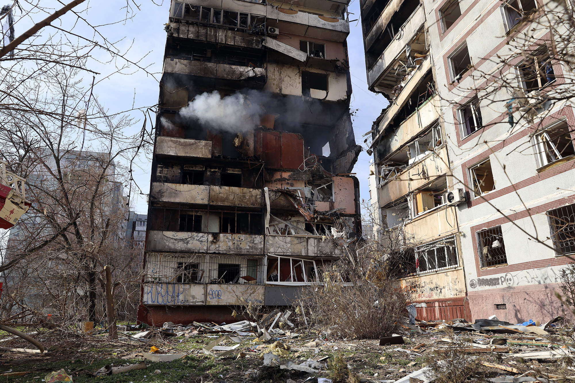 A residential building damaged after a Russian missile strike in the southeastern city of Zaporizhzhia, Ukraine, on March 22.