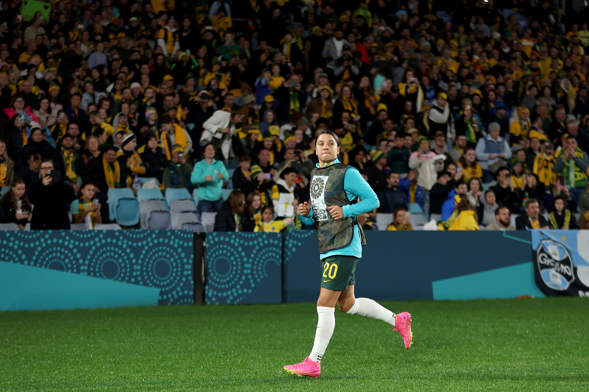 Matildas star Sam Kerr warms up during the match against Denmark in Sydney on August 7. 