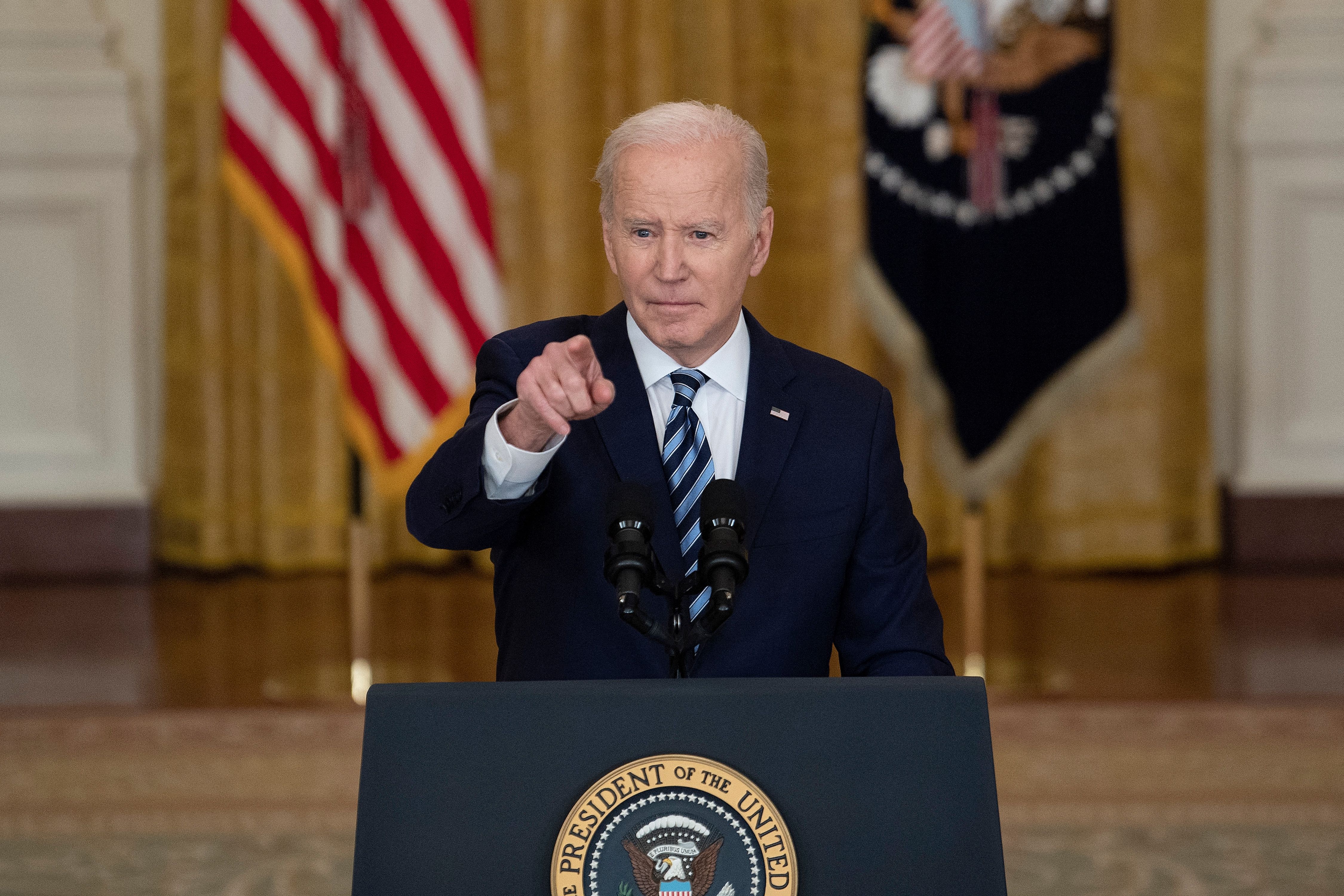 President Joe Biden takes questions after making a statement about Russia's invasion of Ukraine on Thursday, February 24, 2022, at the White House in Washington, D.C.