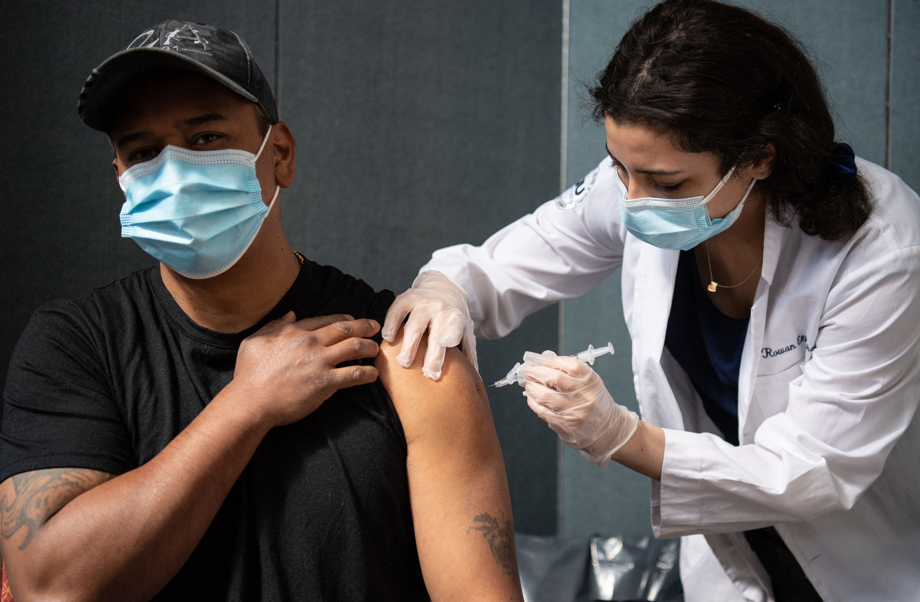 Javier Morena receives his first dose of the Moderna Covid-19 vaccine at the Jewish Community Center, a pop up vaccine clinic, on April 16 in New York City. 