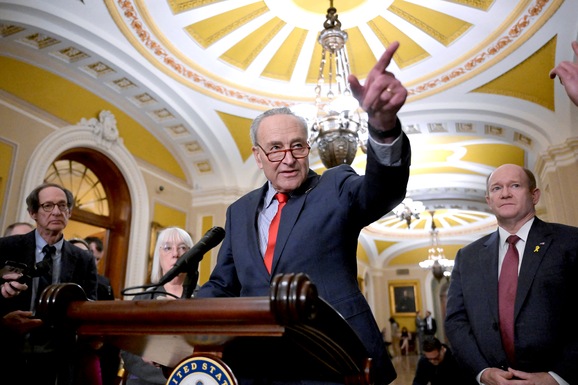U.S. Senate Majority Leader Chuck Schumer speaks during a press conference following the weekly Senate caucus luncheons on Capitol Hill in Washington D.C, on March 12.