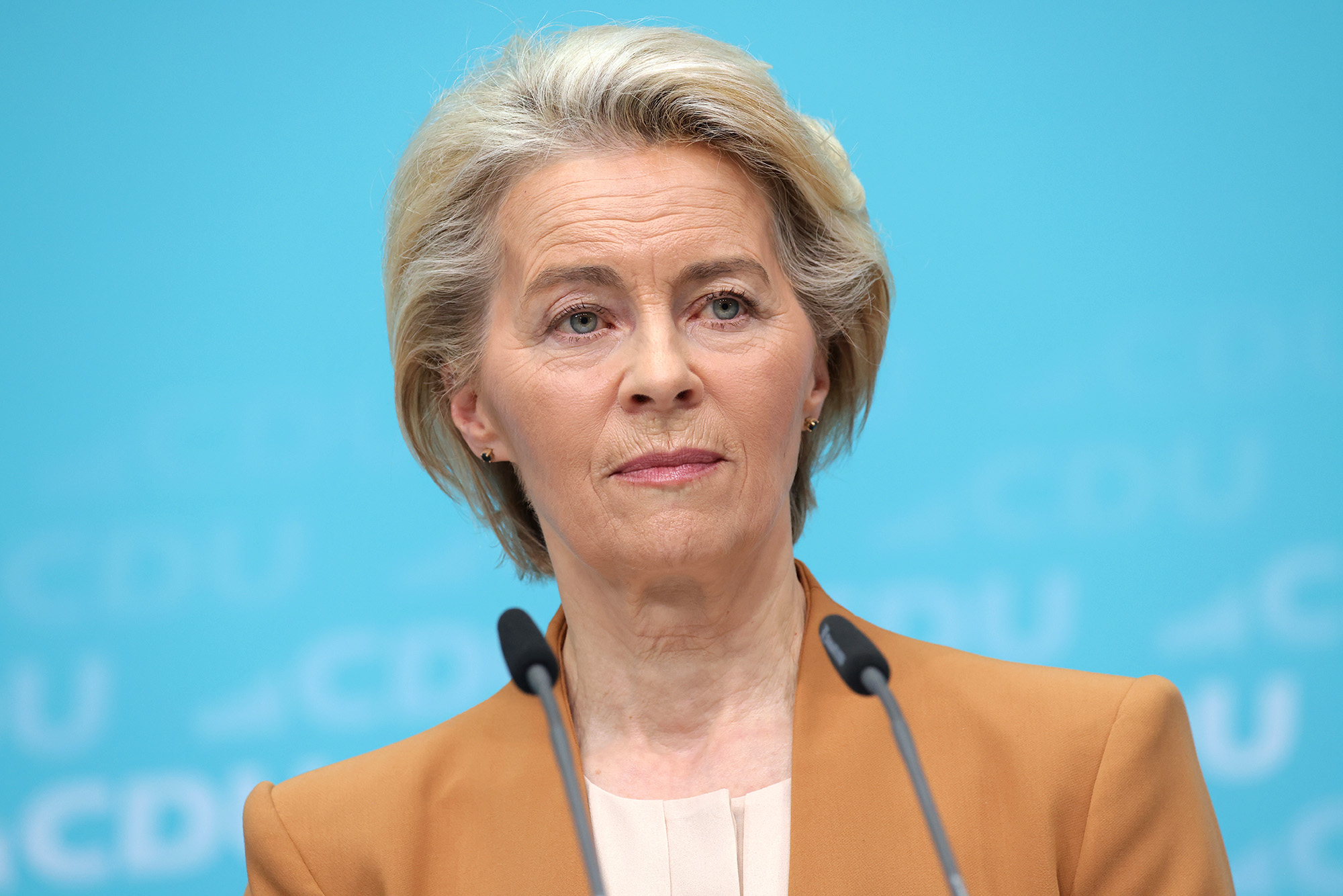 Ursula von der Leyen, President of the European Commission speaks to the media at CDU headquarters on February 19, in Berlin, Germany. 