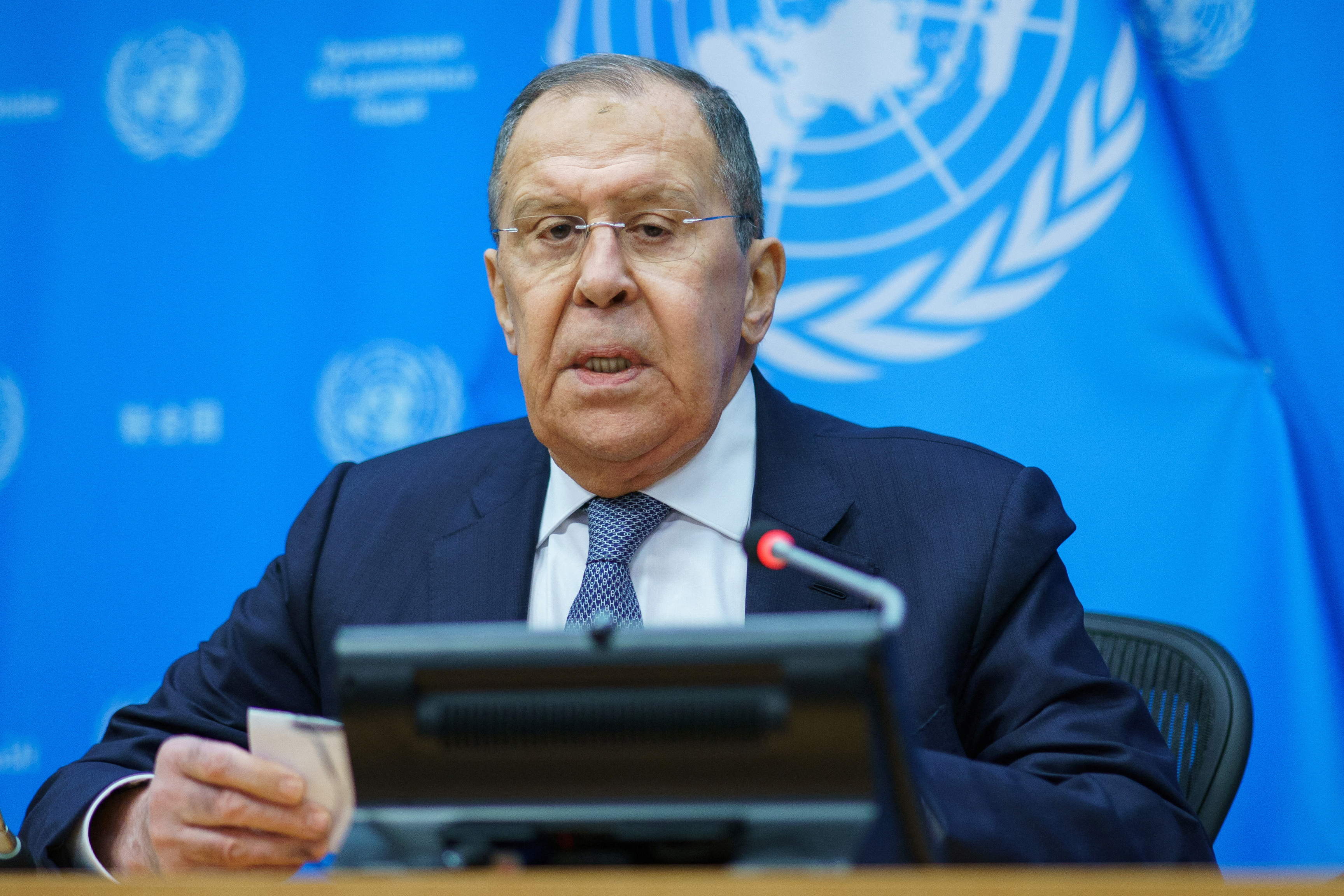 Russian Foreign Minister Sergey Lavrov speaks during a press conference at the United Nations in New York on January 24.