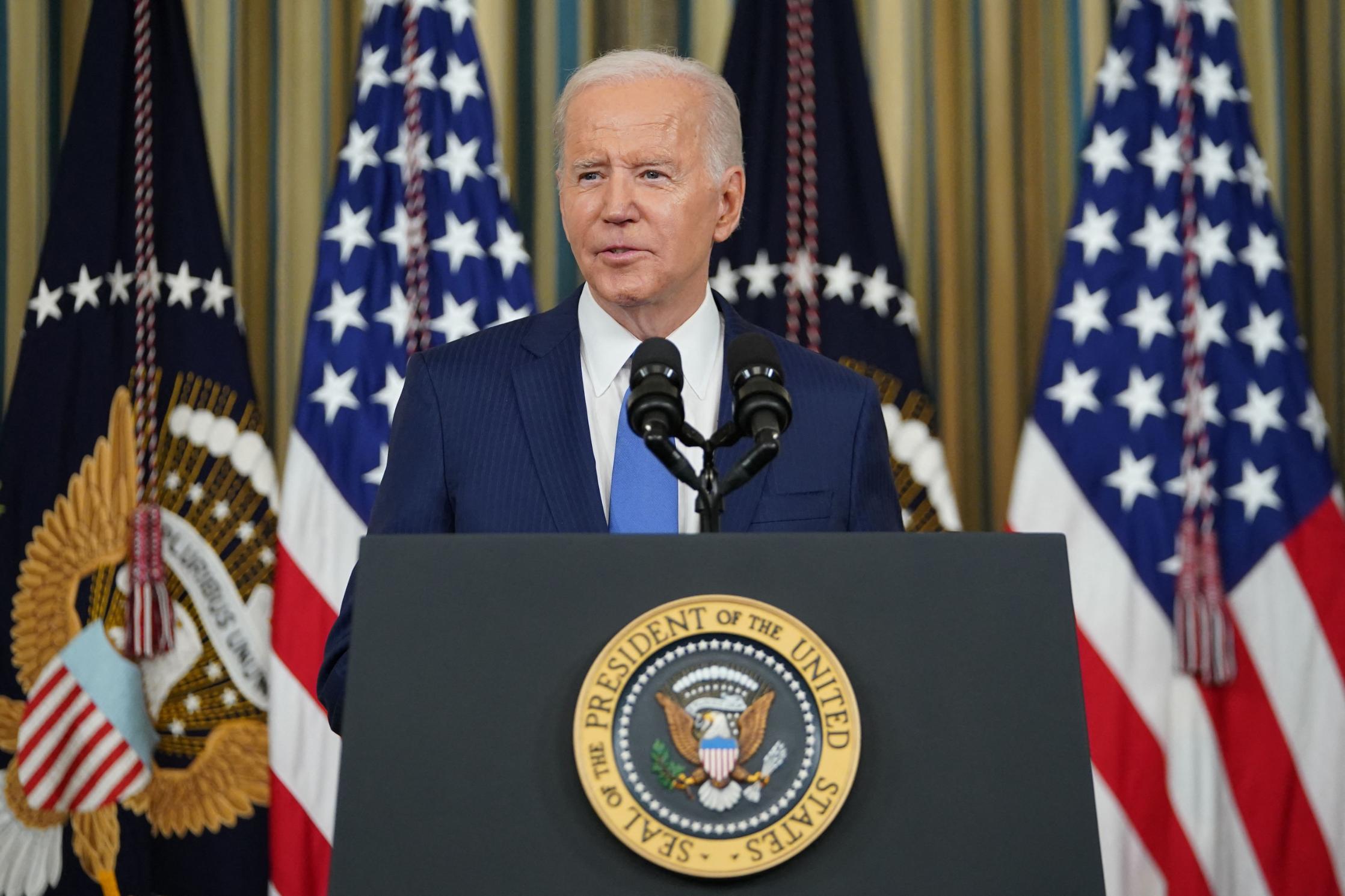 US President Joe Biden speaks during a press conference a day after the US midterm elections, from the State Dining Room of the White House in Washington, DC, on November 9,