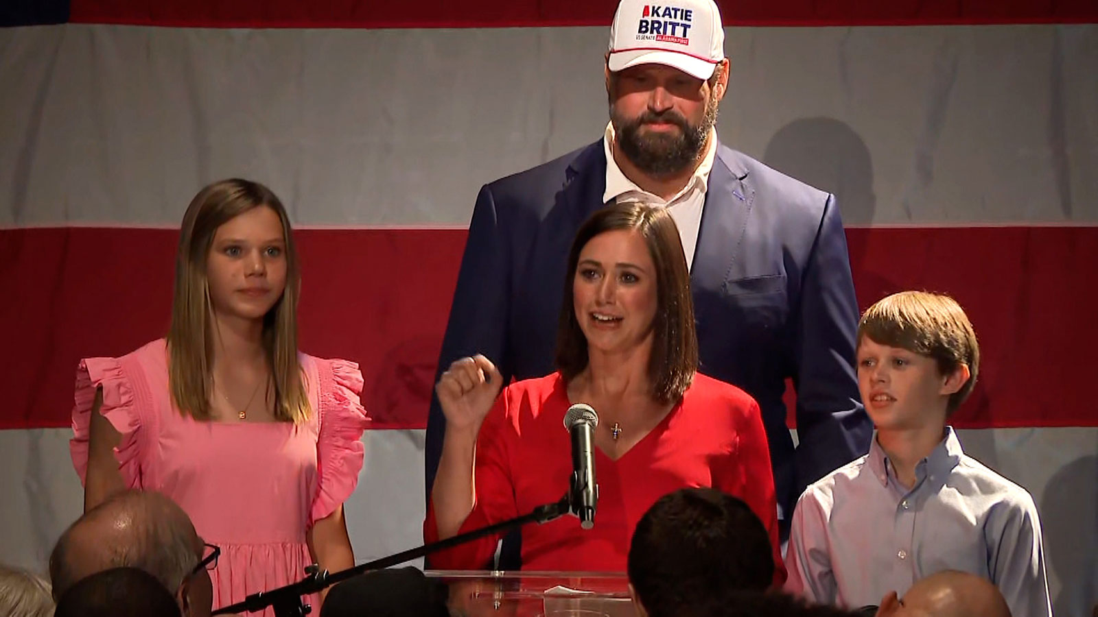 Katie Britt gives remarks with her family at a watch party in Alabama Tuesday evening. 