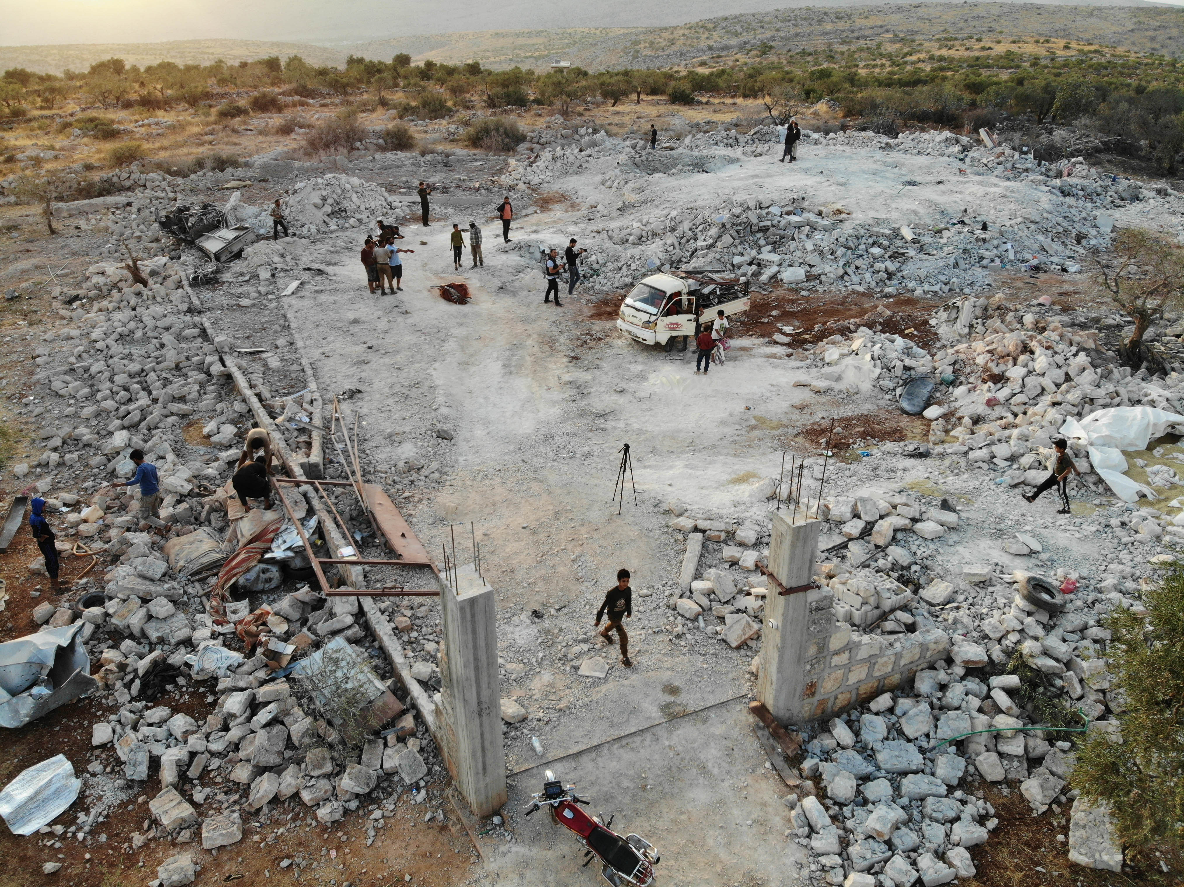 An aerial view taken on October 27, 2019 shows the site that was hit by helicopter gunfire which reportedly killed nine people near the northwestern Syrian village of Barisha.