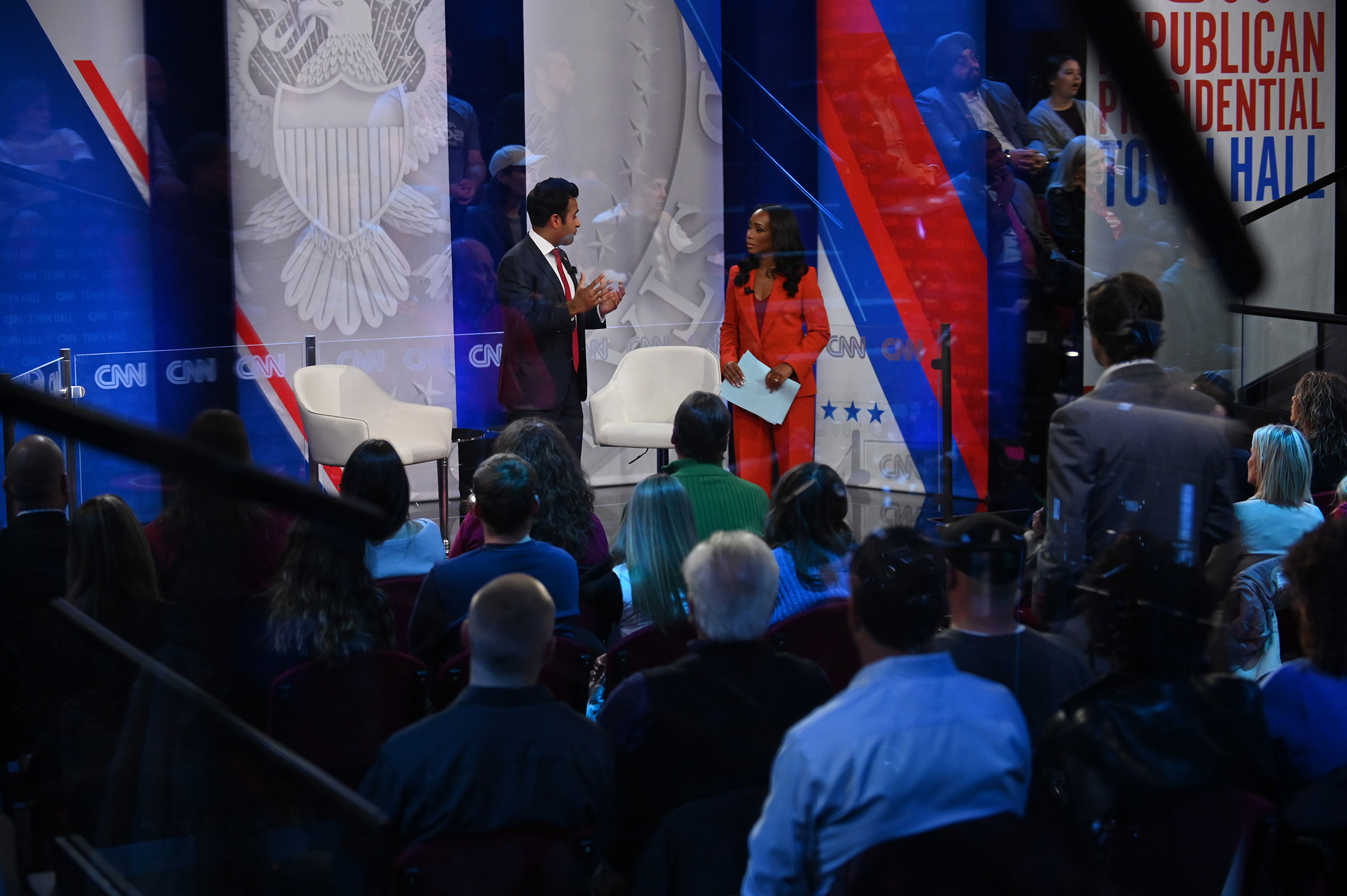 Republican presidential candidate Vivek Ramaswamy participates in a CNN Republican Town Hall moderated by CNN’s Abby Phillip at Grand View University in Des Moines, Iowa, on Wednesday, December 13, 2023.