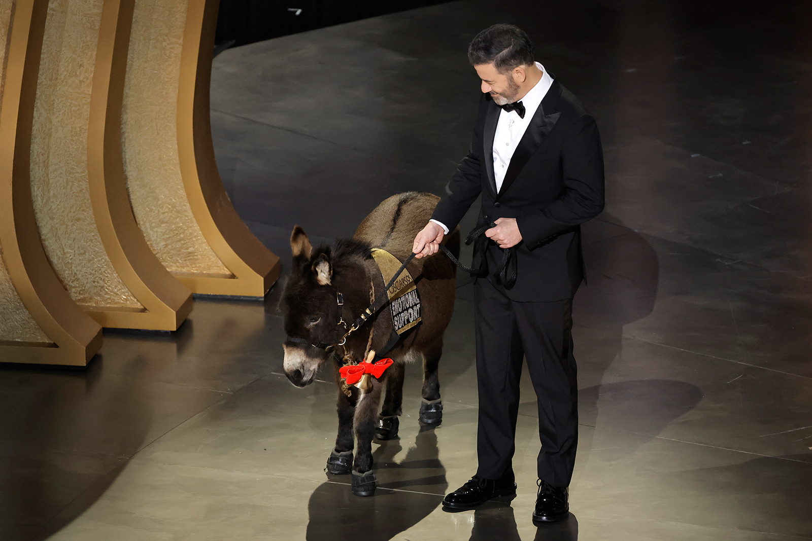 Host Jimmy Kimmel walks onstage with Jenny the donkey. 