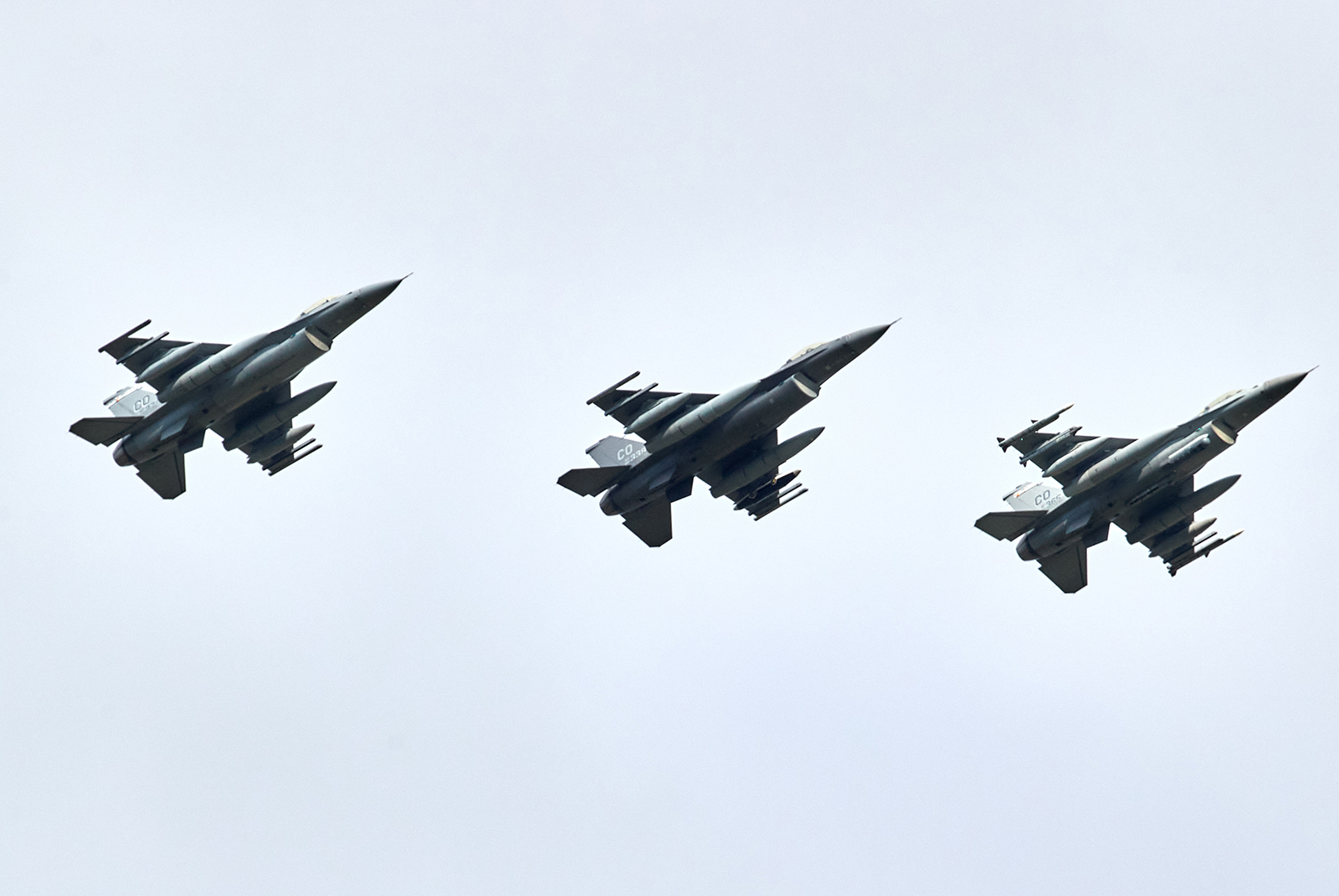US F16 fighter jets fly in formation over the Schleswig-Jagel Air Base in Jagel, Germany,  on June 3.