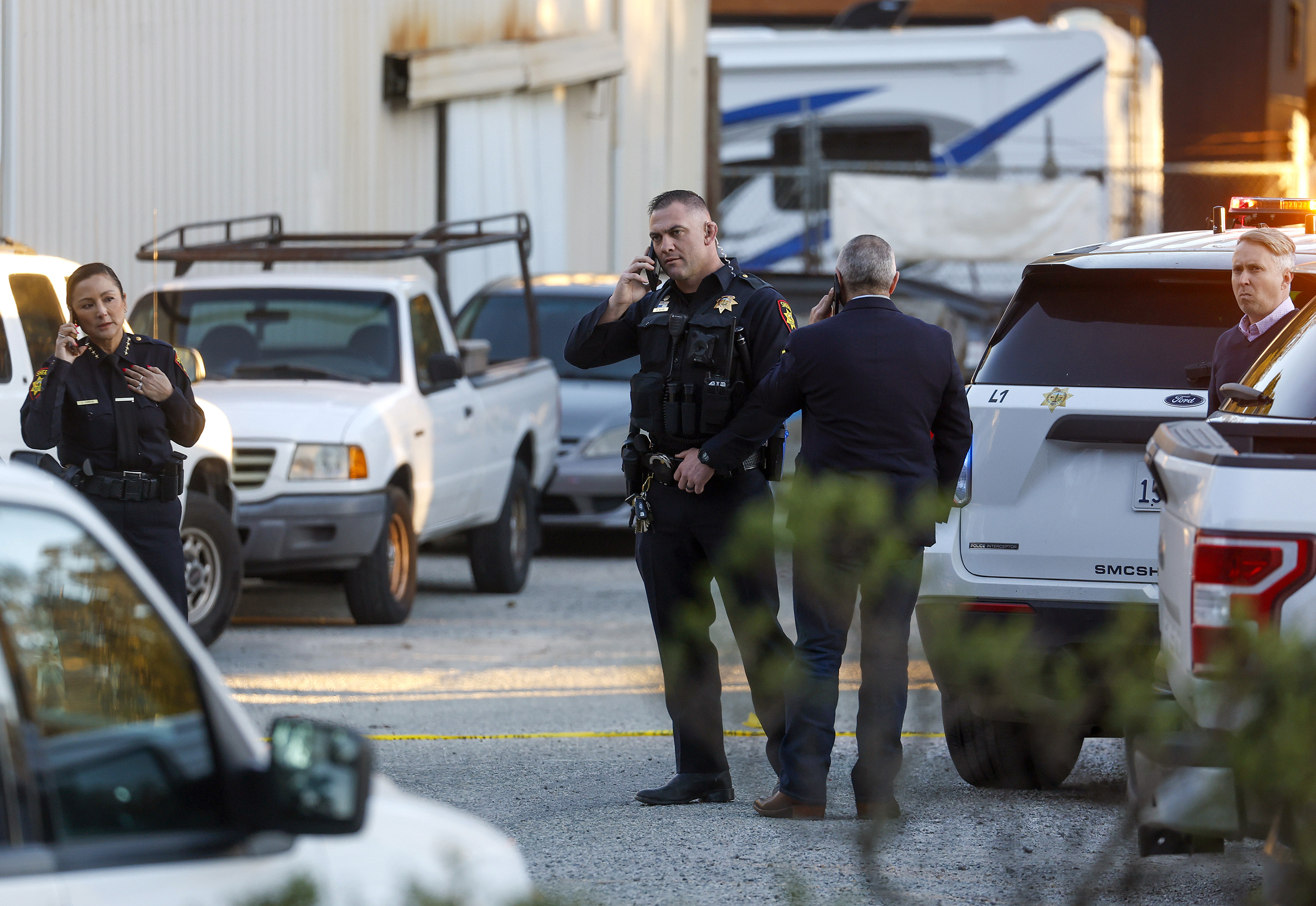 Law enforcement investigates a shooting off state Highway 92 in Half Moon Bay, California on Monday.