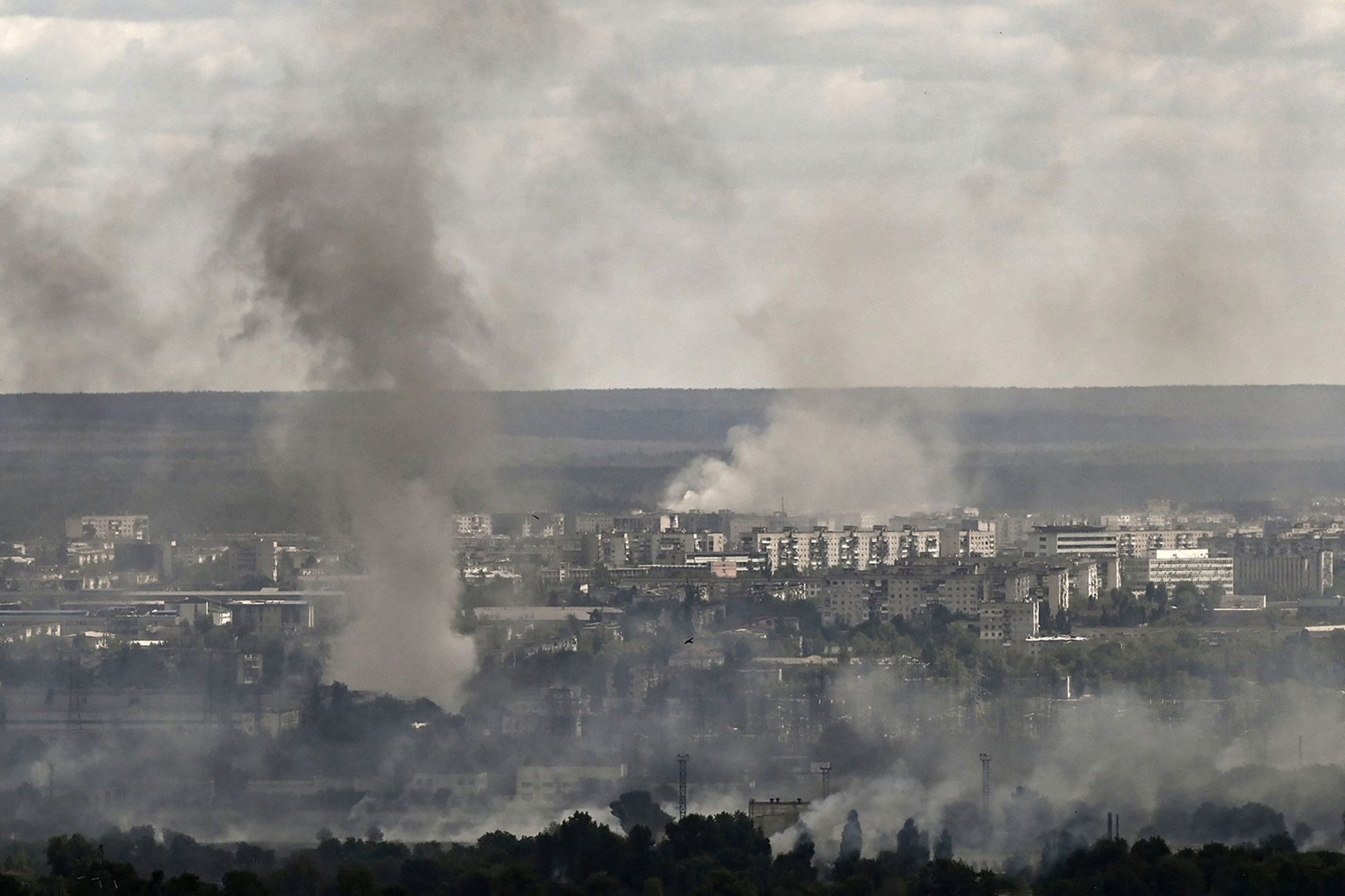 Smoke and dirt rise from shelling in the city of Severodonetsk on June 7. 