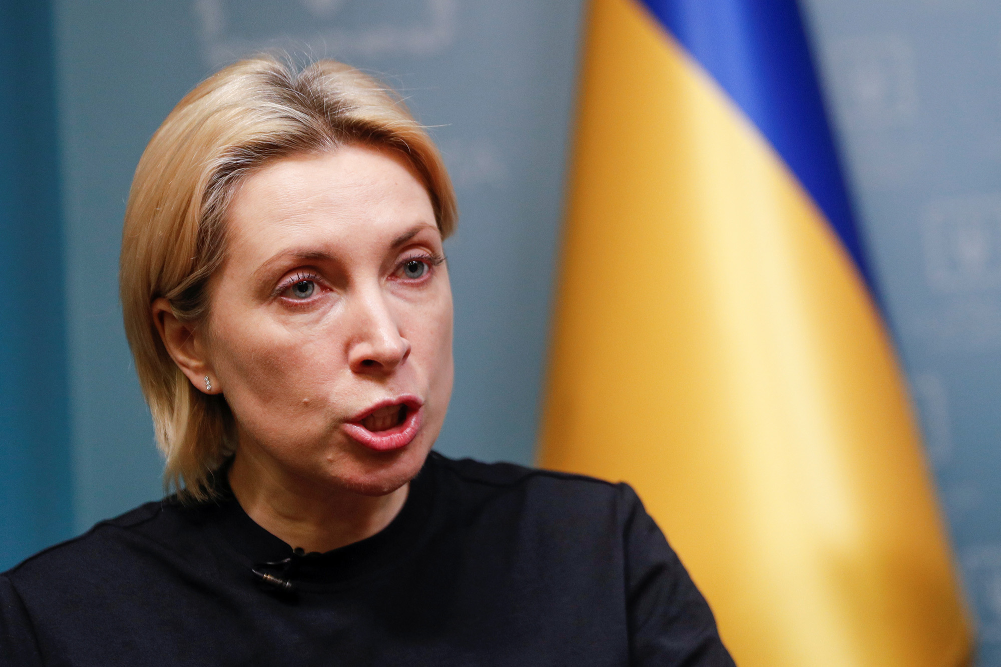 Ukraine's Deputy Prime Minister Iryna Vereshchuk, in charge of negotiating prisoner swaps and humanitarian corridors with Russia, speaks during an interview with Reuters in Kyiv, Ukraine, on April 11. 