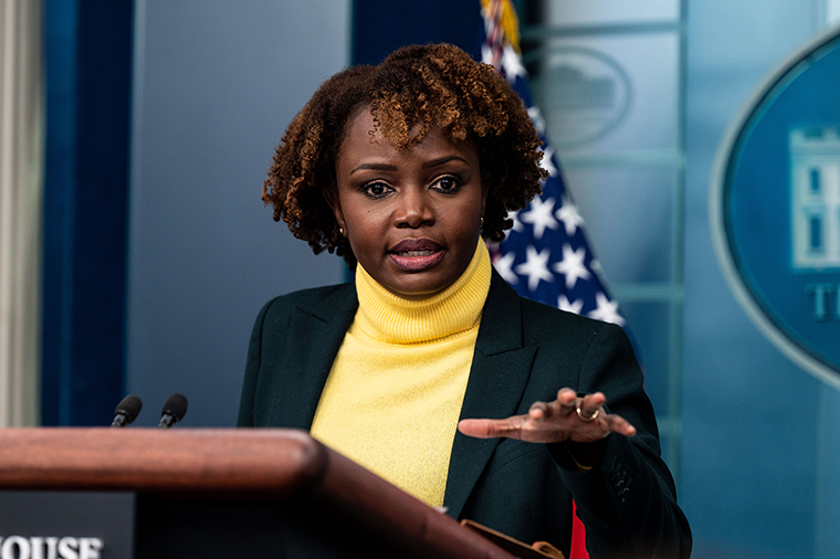 Principal Deputy Press Secretary Karine Jean-Pierre speaking at a press briefing in the White House Press Briefing Room on February 14.