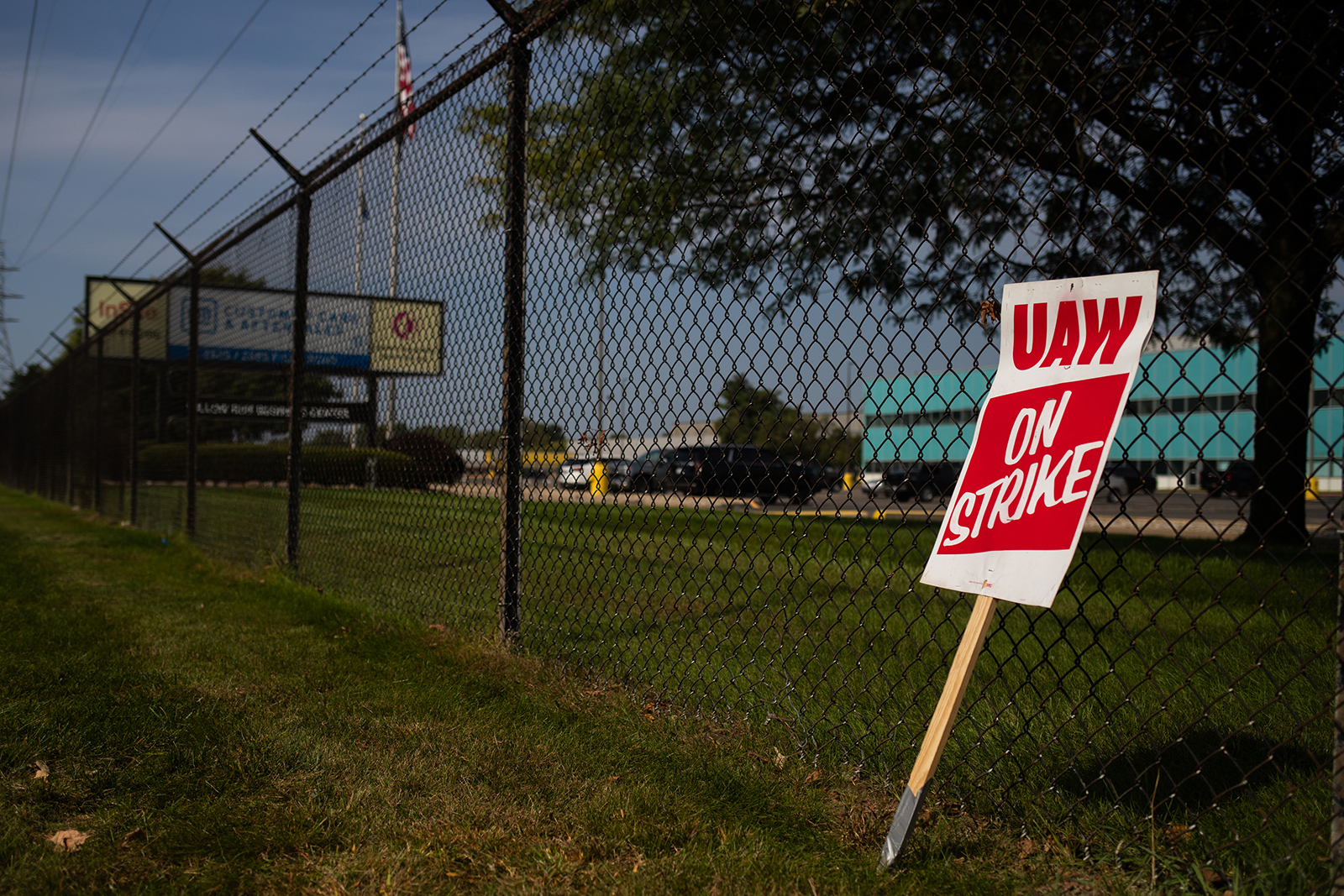 A "UAW On Strike" sign near a picket line outside the General Motors Co. Ypsilanti Processing Center in Ypsilanti, Michigan, on Friday, Sept. 22.