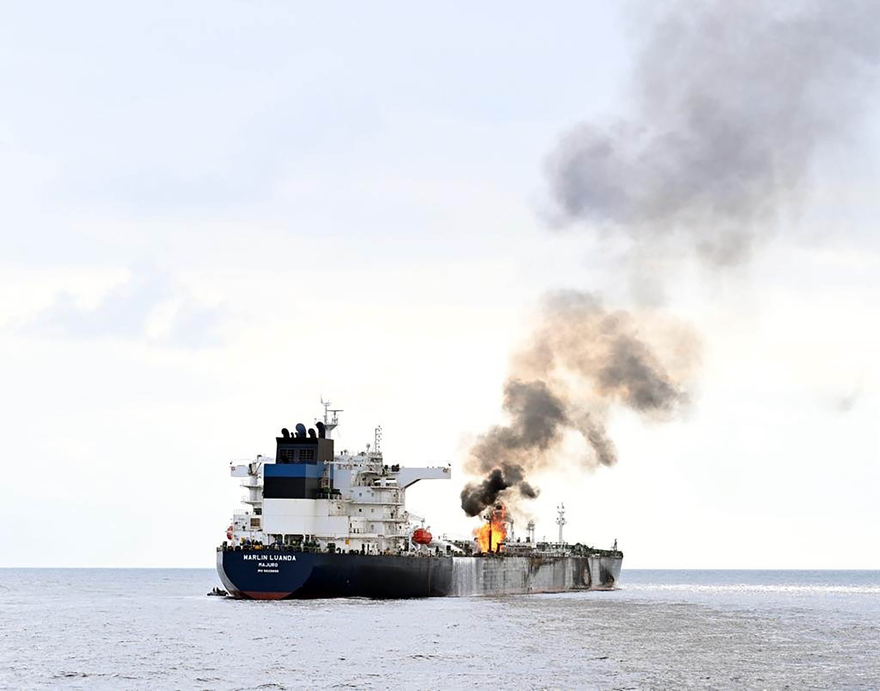 The Marlin Luanda vessel on fire in the Gulf of Aden after it was reportedly struck by an anti-ship missile fired from a Houthi-controlled area of Yemen on Friday.