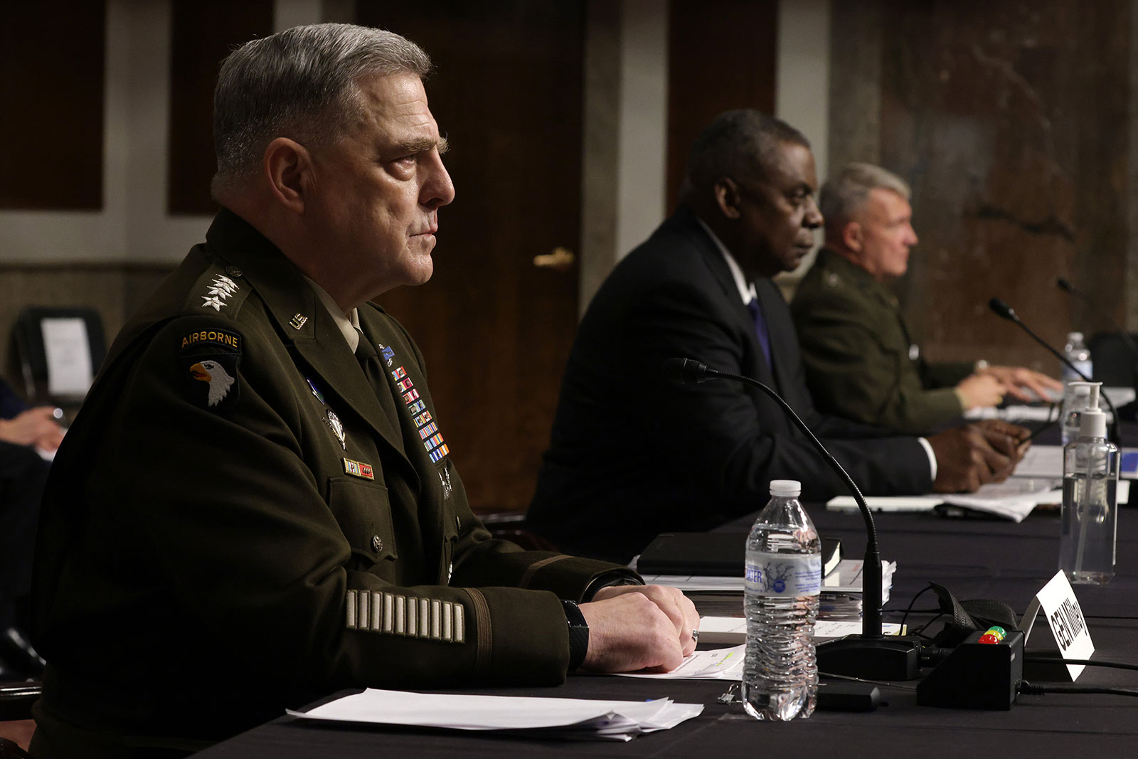 From left, Chairman of the Joint Chiefs Gen. Mark Milley, Secretary of Defense Lloyd Austin and Leader of US Central Command Gen. Frank McKenzie testify on Tuesday.
