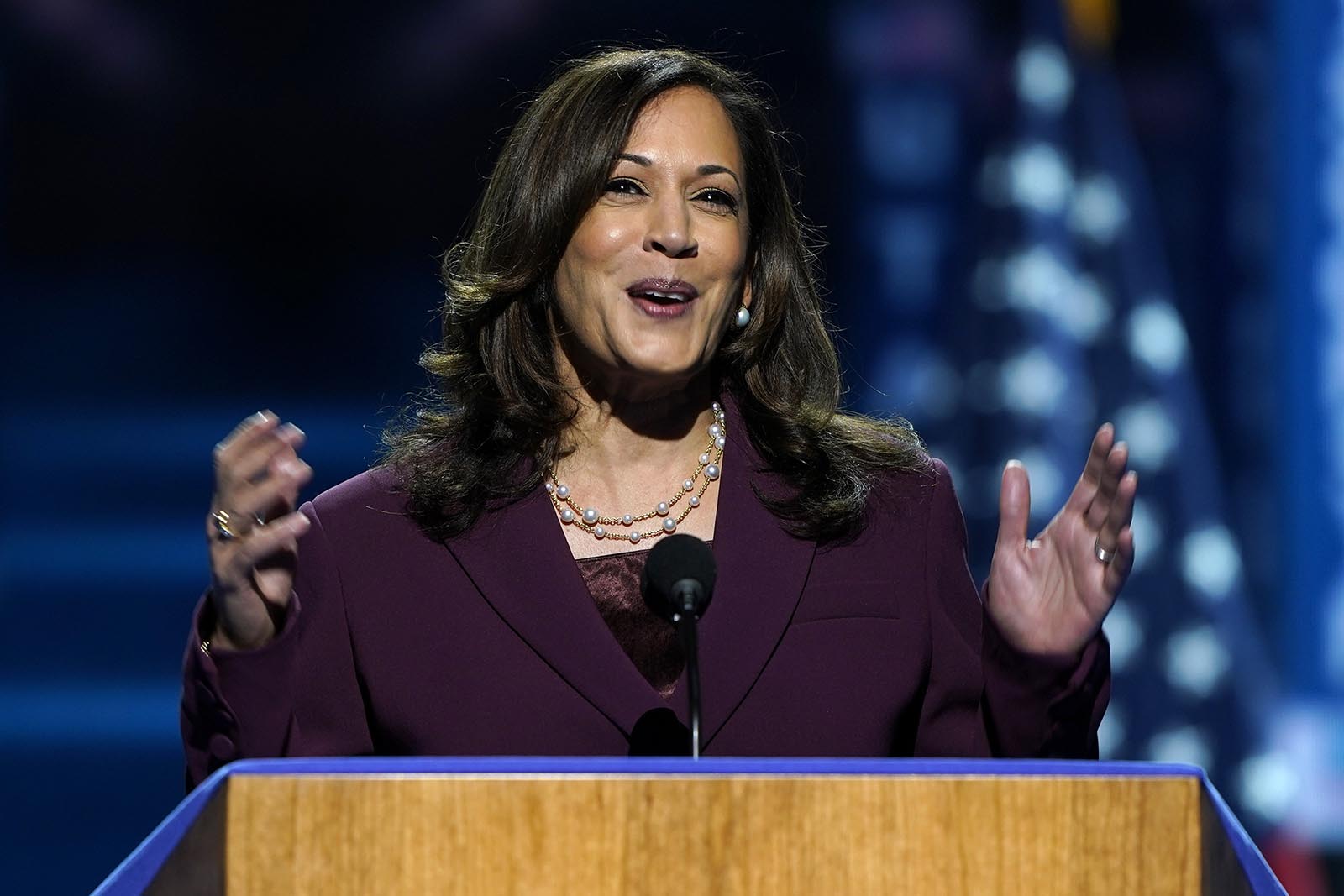 Democratic vice presidential candidate Sen. Kamala Harris, D-Calif., speaks during the third day of the Democratic National Convention, Wednesday, Aug. 19.