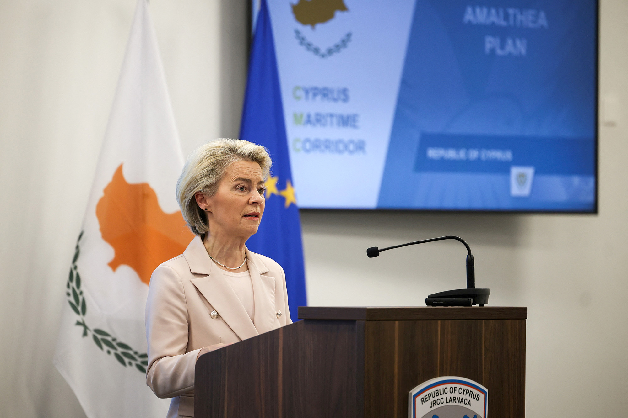 European Commission President Ursula von der Leyen speaks as she attends a press conference at the Zenon Joint Rescue Coordination Center in Larnaca, Cyprus, on March 8.