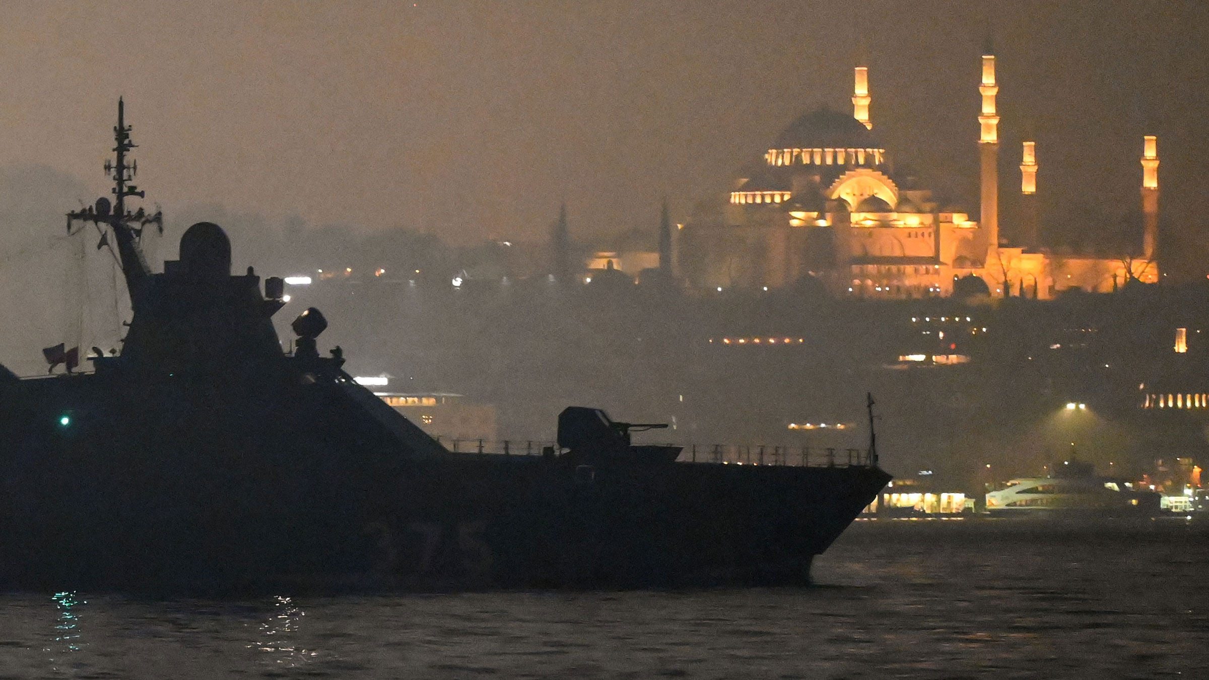 A Russian patrol boat travels through the Bosphorus Strait, past the city of Istanbul, on February 16.