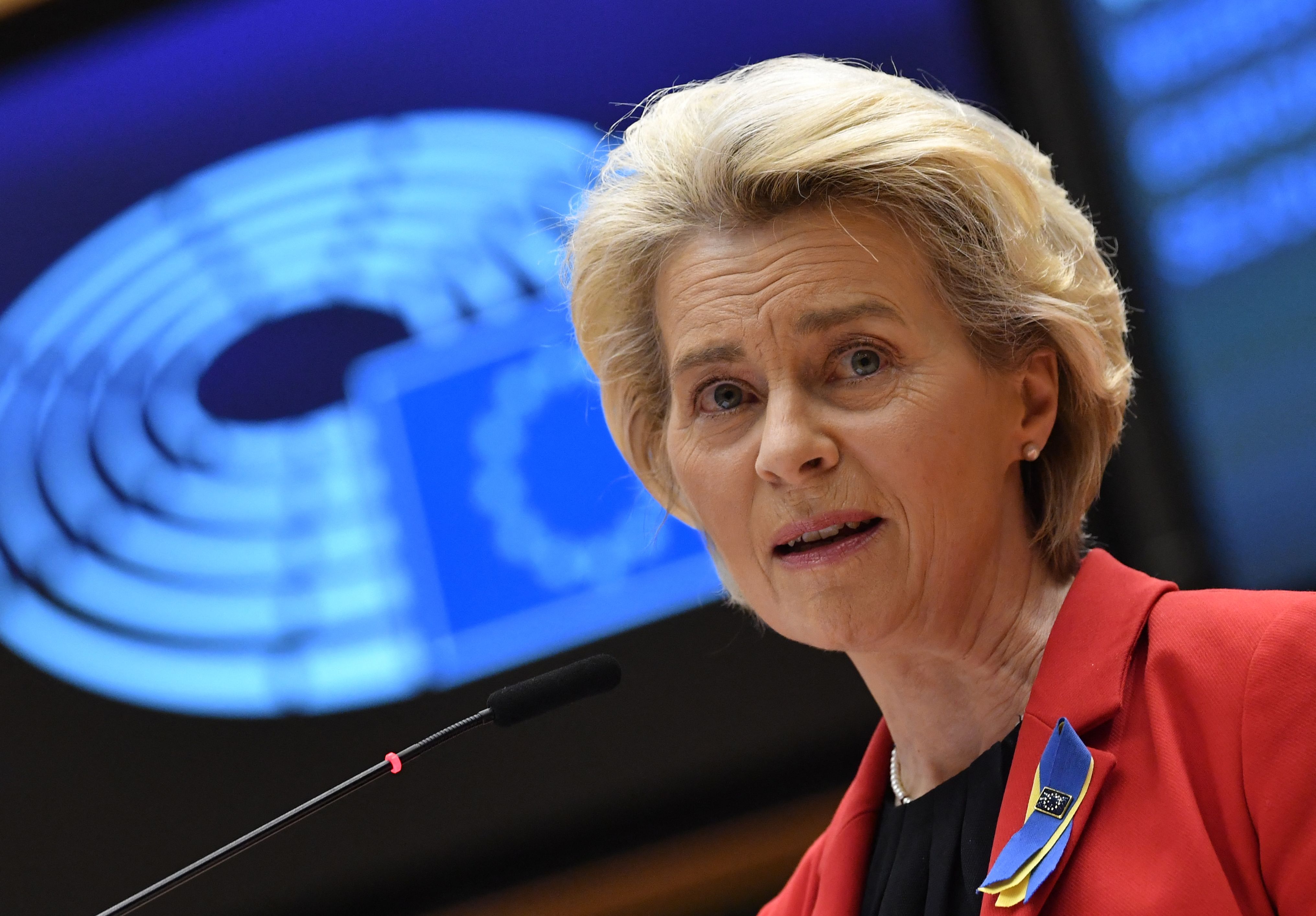 European Commission President Ursula von der Leyen delivers a speech at the EU headquarters in Brussels, Belgium, on March 23.