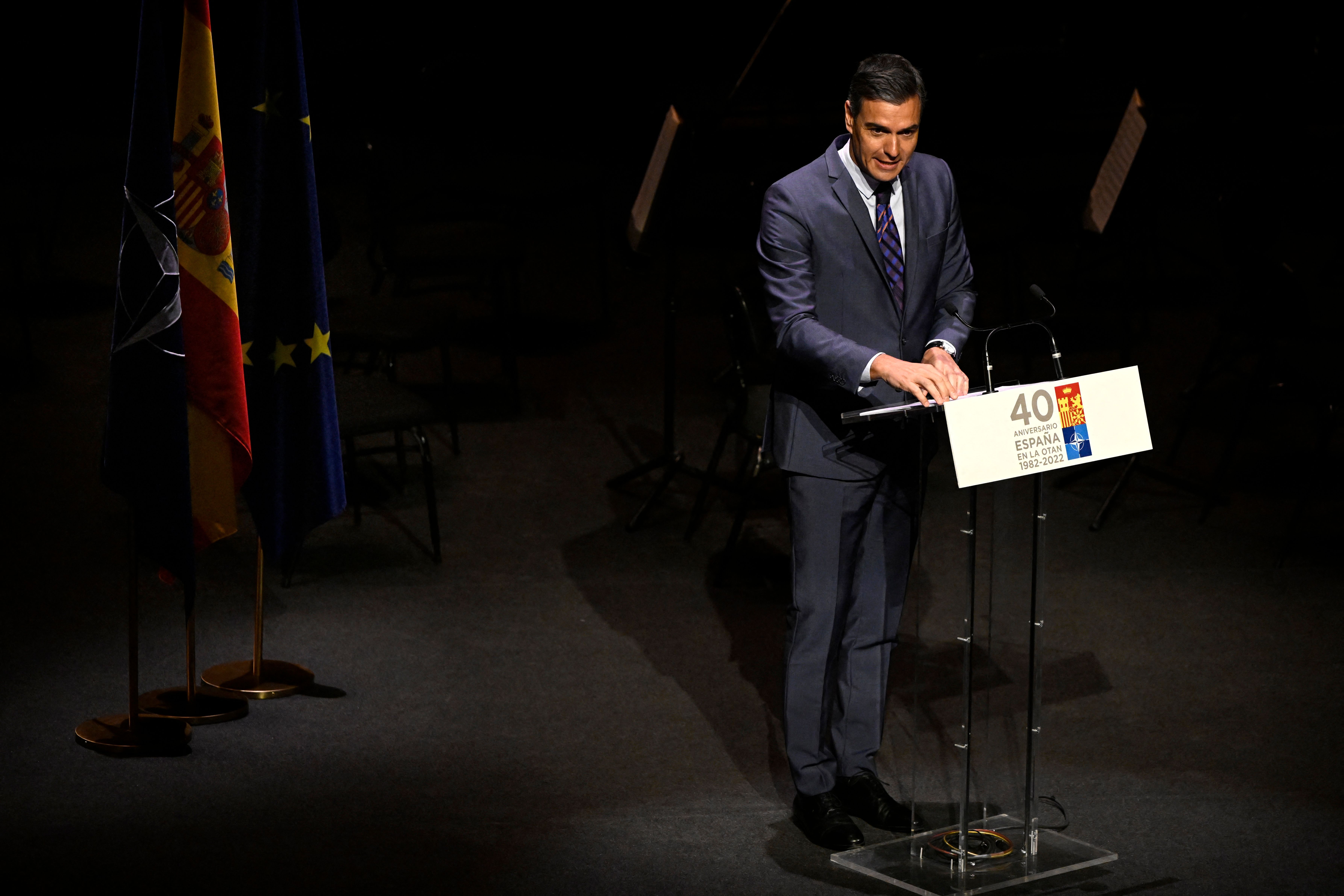 Spanish Prime Minister Pedro Sanchez during an event marking 40 years since Spain joined the North Atlantic Treaty Organization (NATO) at Teatro Real in Madrid on May 30. 