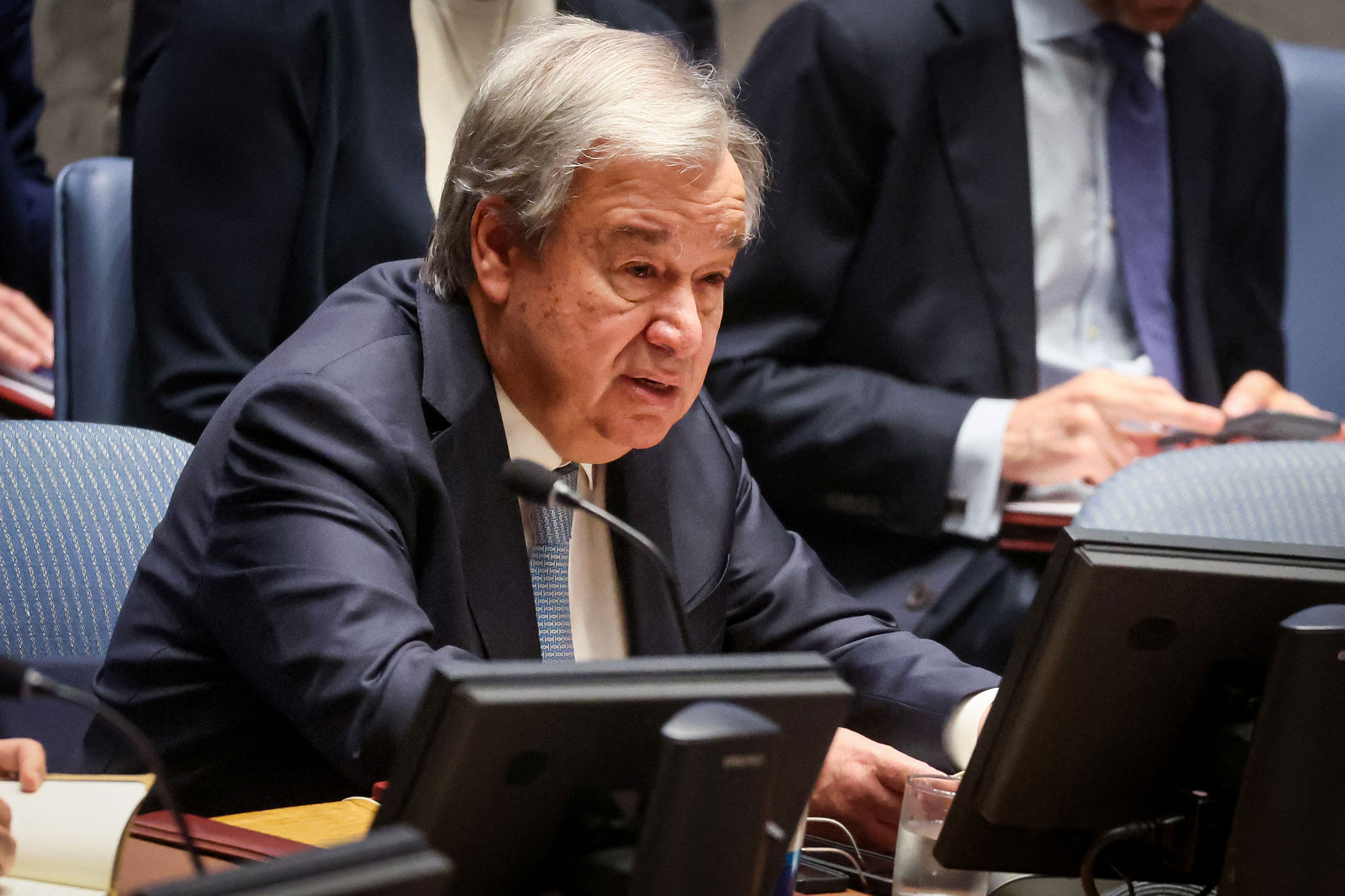 UN Secretary-General Antonio Guterres speaks to the UN Security Council in July.
