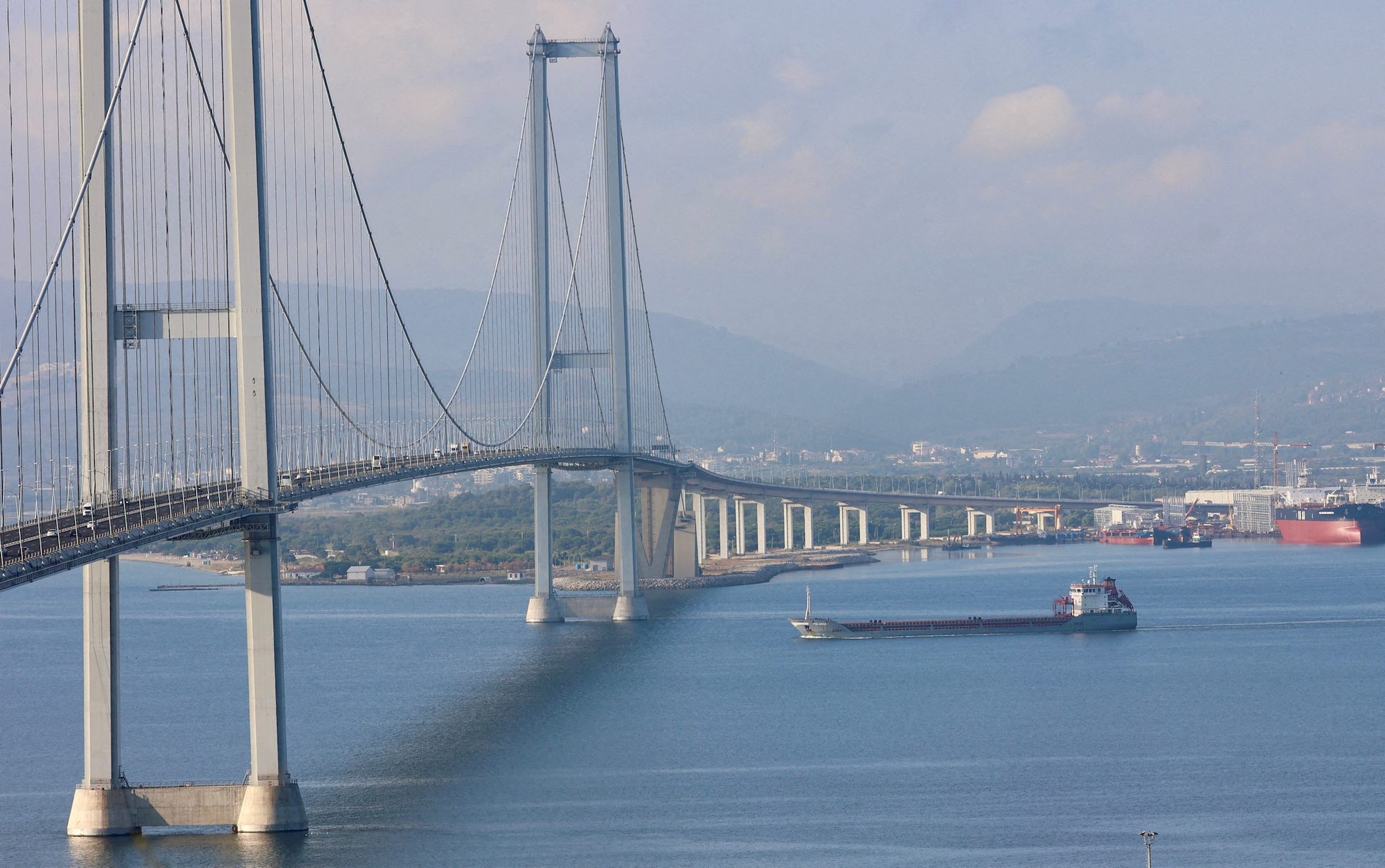A Turkish-flagged cargo ship carrying Ukrainian grain enters the Gulf of Izmit in Turkey on August 8.