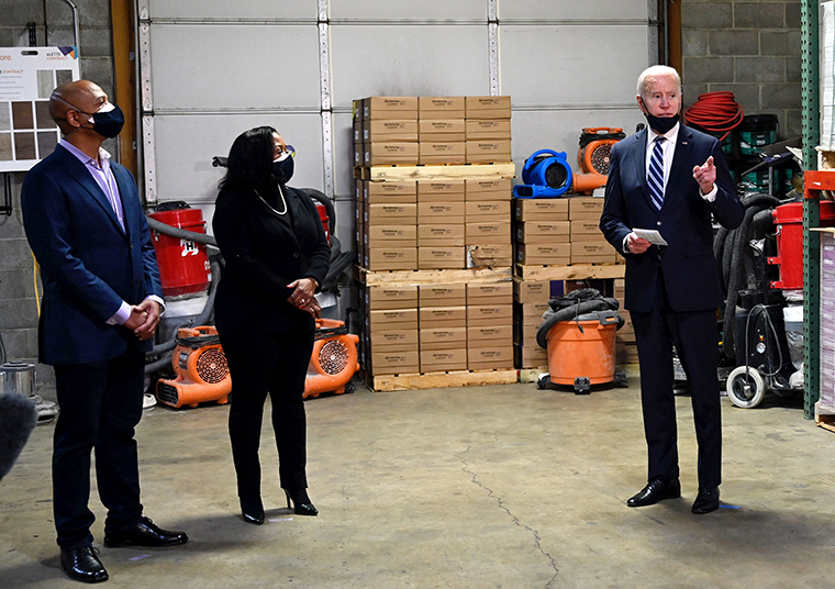 US President Joe Biden visits Smith Flooring, a small minority-owned business, to promote his American Rescue Plan in Chester, Pennsylvania, on March 16.