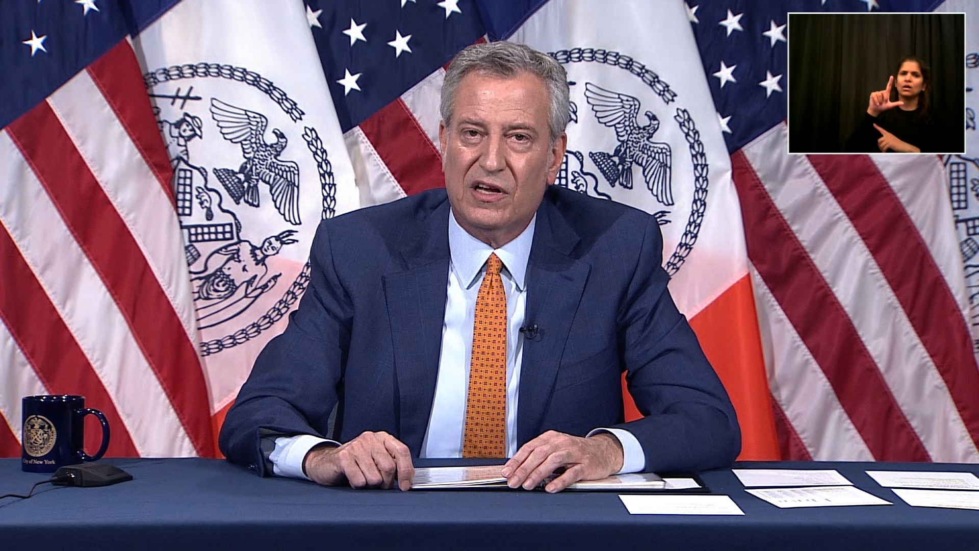 New York City Mayor Bill de Blasio speaks during a coronavirus briefing in New York City on May 27.