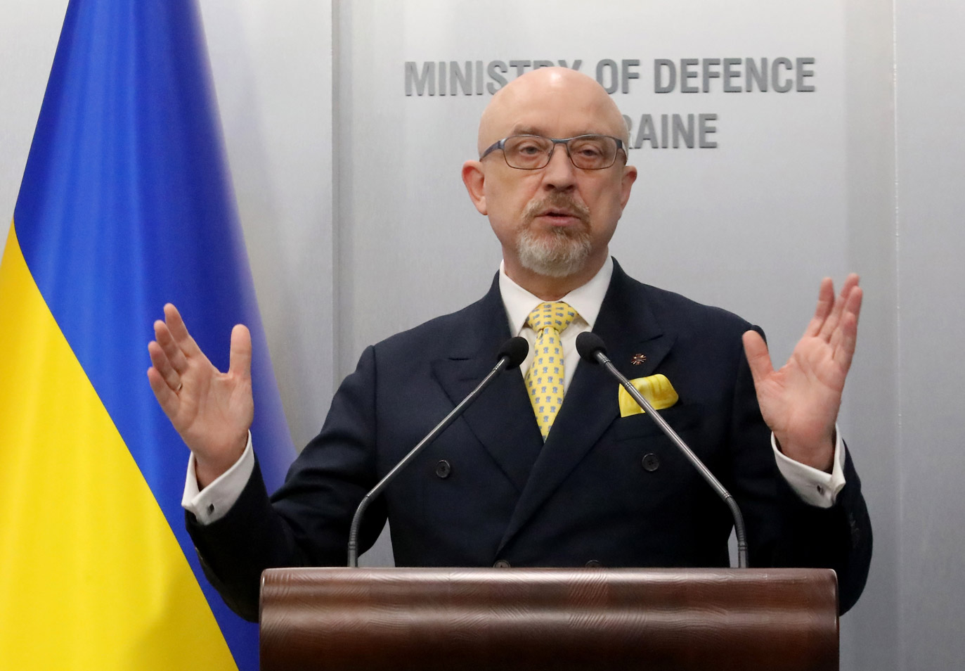Ukrainian Minister of Defense Oleksii Reznikov holds a briefing in Kyiv on Feb. 3.