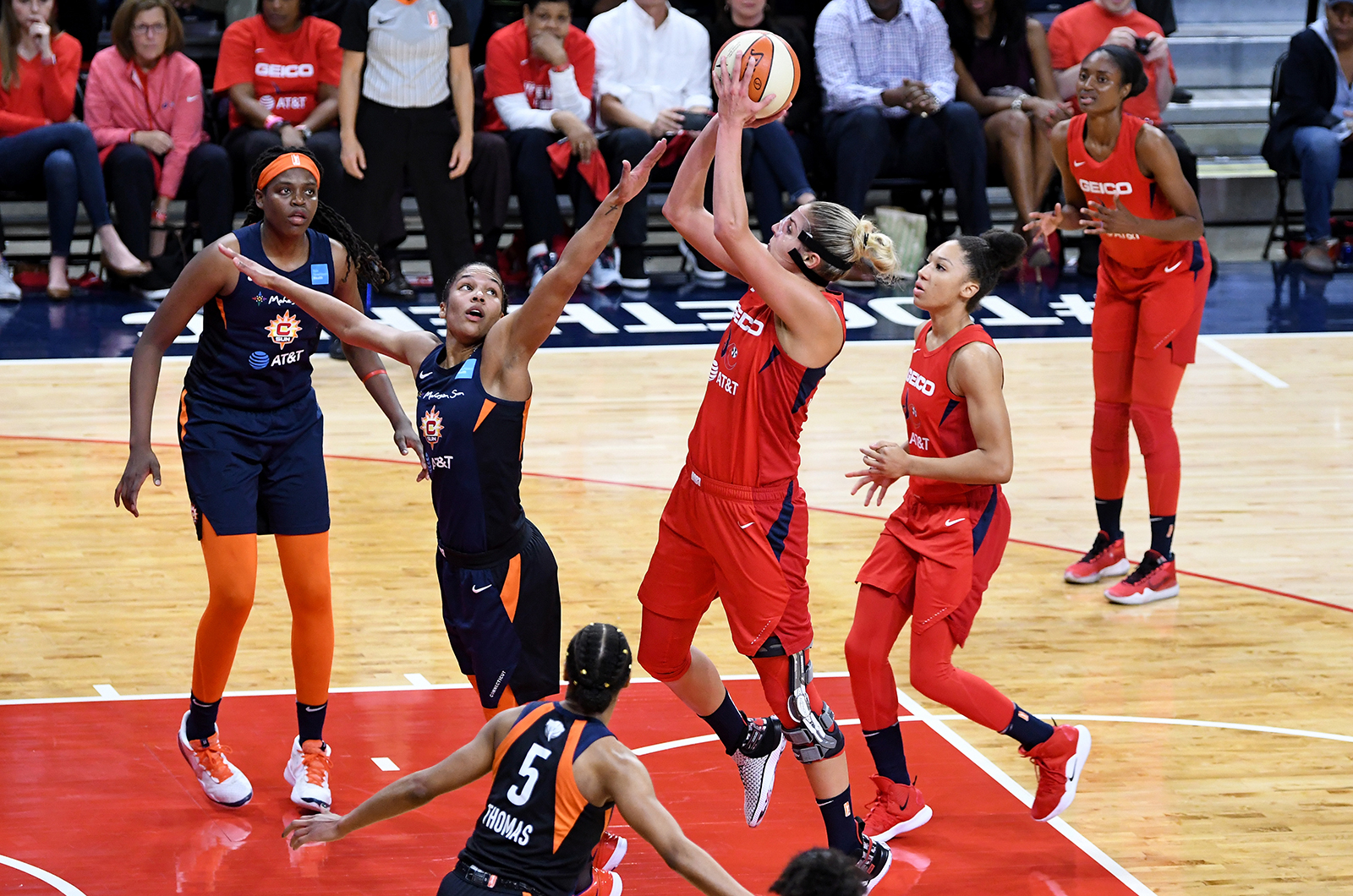 Elena Delle Donne #11 of the Washington Mystics shoots the ball against Alyssa Thomas #25 of the Connecticut Sun in Game 5 of the 2019 WNBA Finals at St. Elizabeths East Entertainment & Sports Arena in Washington, on October 10, 2019.