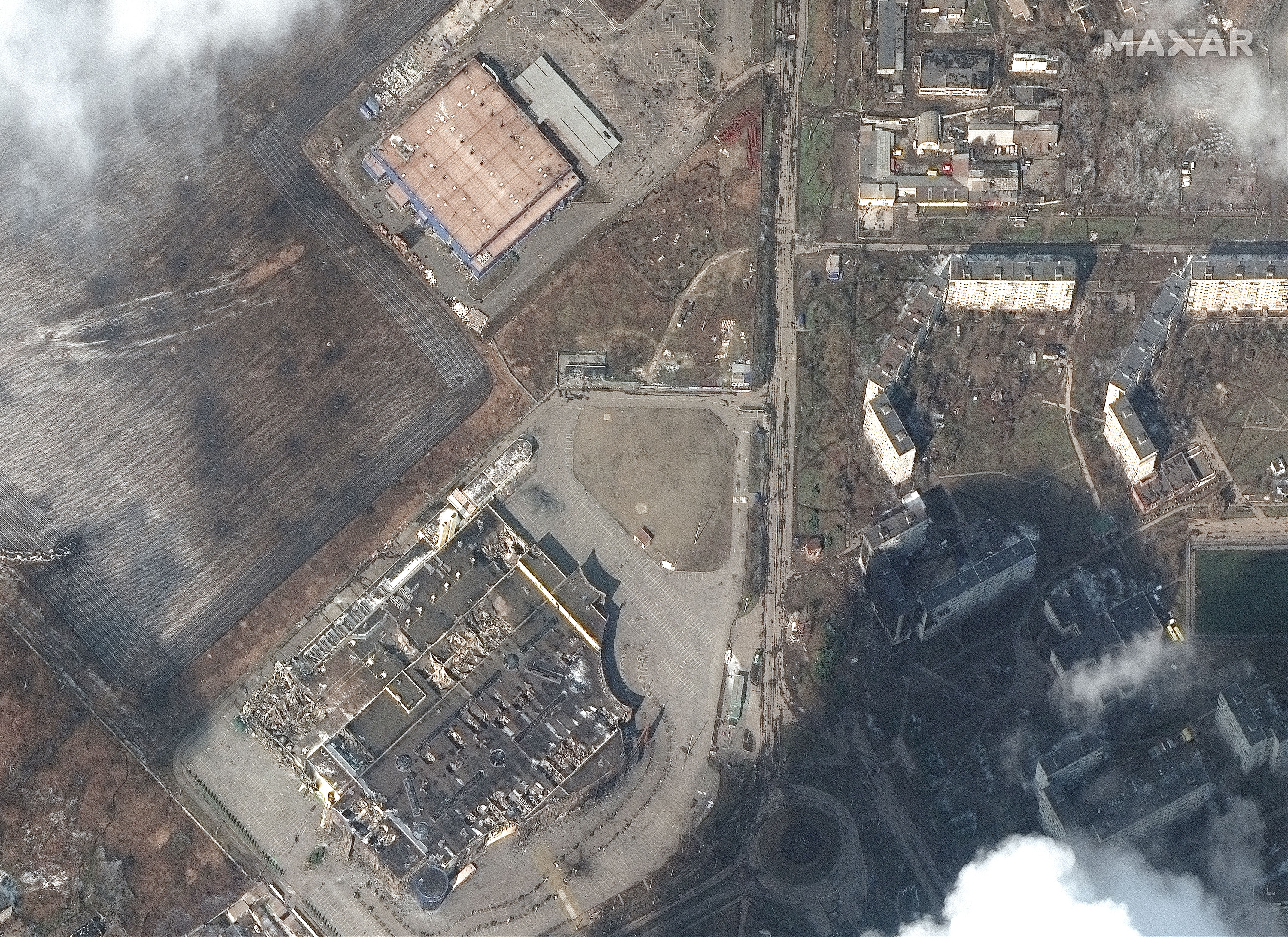 Portcity Shopping Mall and other buildings are seen damaged and destroyed in this image taken March 9, 2022.