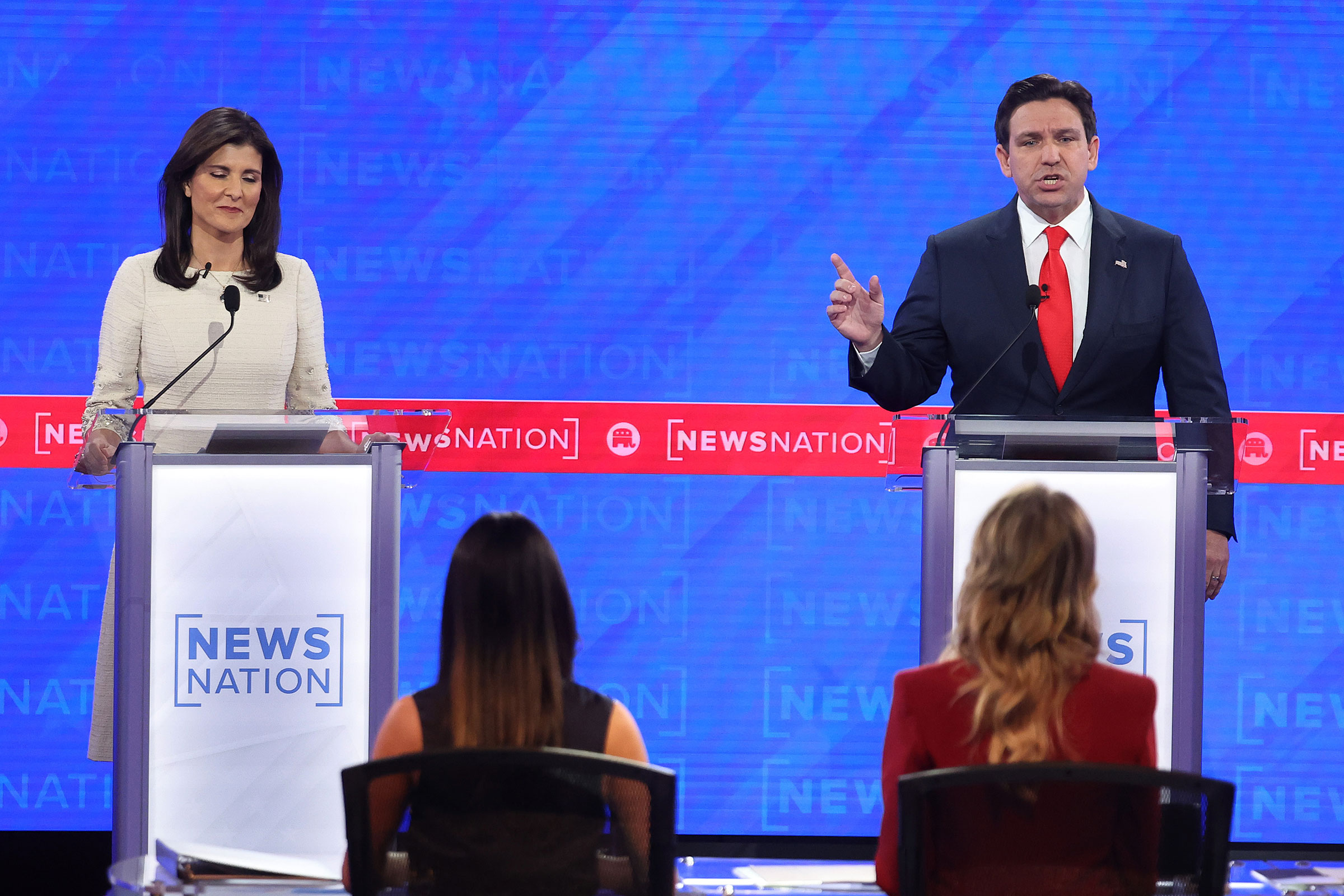 Haley and DeSantis participate in a debate at the University of Alabama Moody Music Hall on Wednesday in Tuscaloosa, Alabama. 