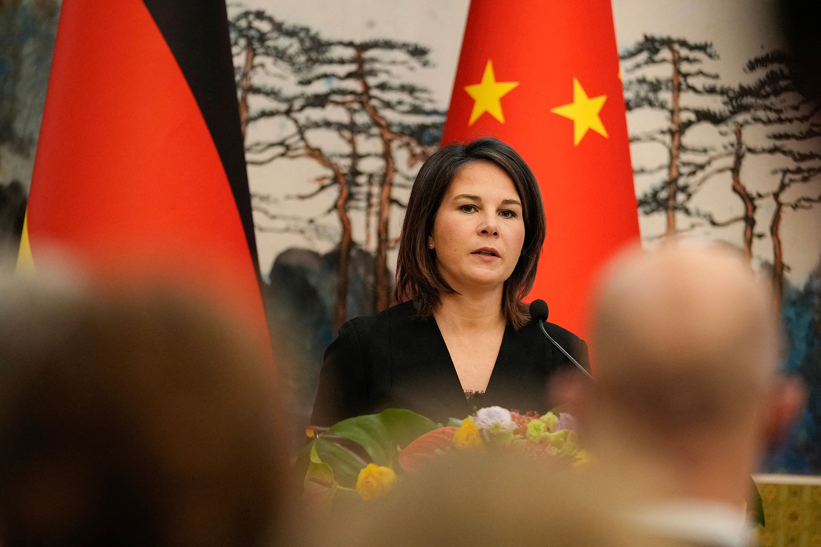 Annalena Baerbock attends a joint press conference with Chinese Foreign Minister Qin Gang at the Diaoyutai State Guesthouse in Beijing on April 14.