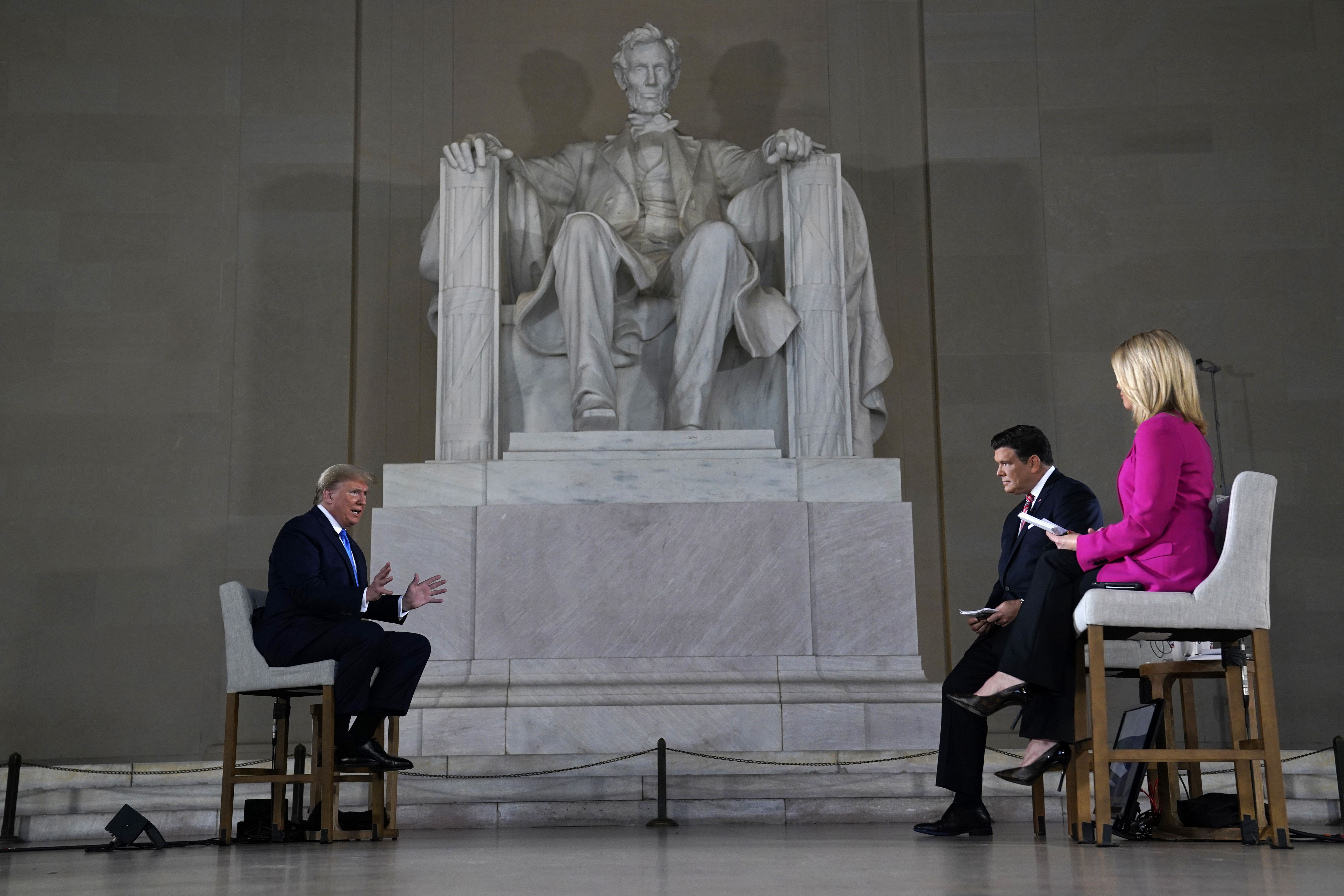 President Donald Trump speaks during a Fox News virtual town hall from the Lincoln Memorial in Washington on May 3, co-moderated by anchors Bret Baier and Martha MacCallum.