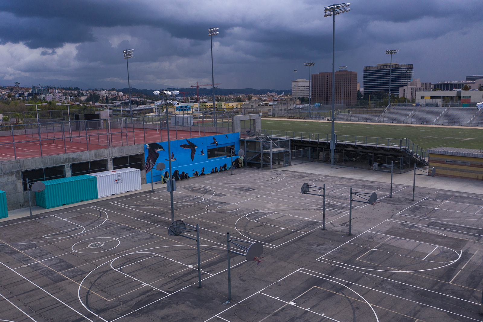 Schools grounds stand empty at the Miguel Contreras Learning Complex before the new restrictions went into effect at midnight as the the coronavirus pandemic spreads on March 19, in Los Angeles, California. 