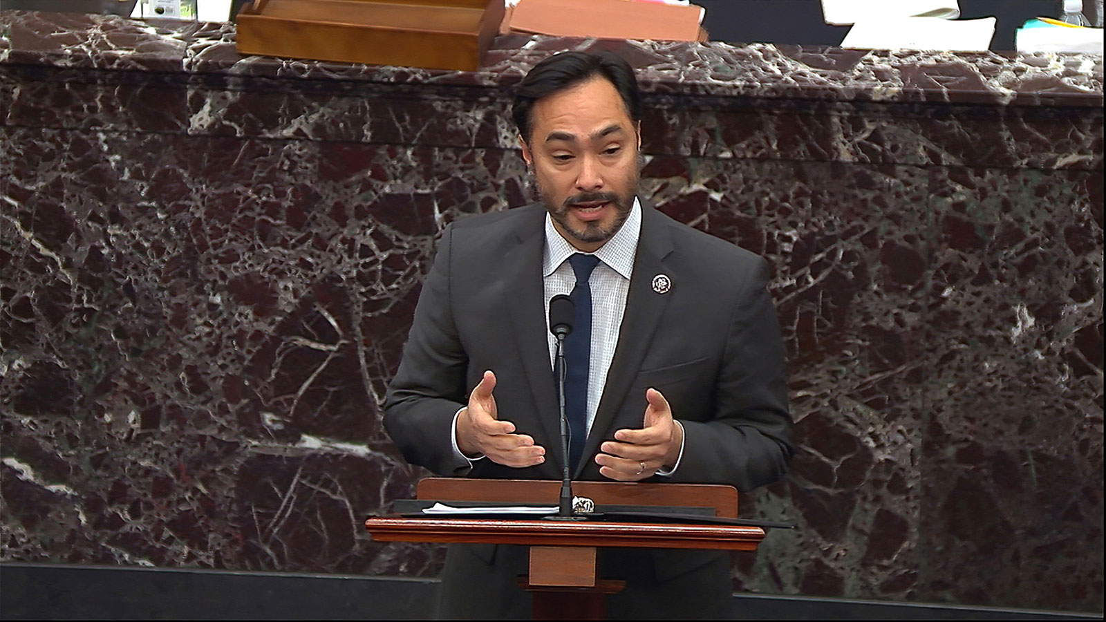 Impeachment manager Rep. Joaquin Castro speaks during Trump's impeachment trial on Wednesday, February 10.