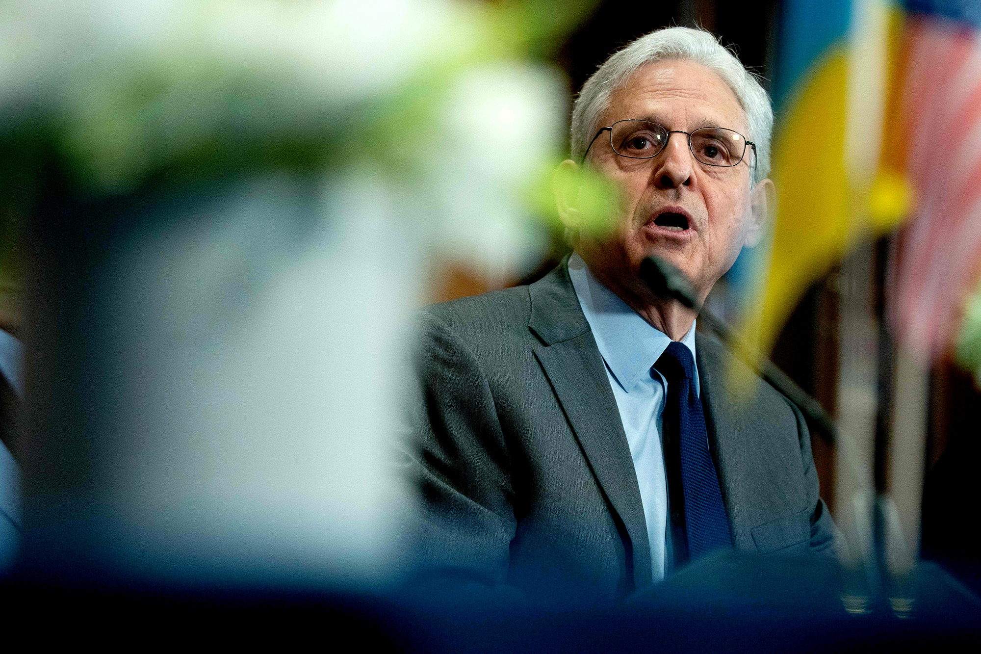 US Attorney General Merrick Garland speaks during a meeting with Ukrainian Prosecutor General Andriy Kostin at the US Department of Justice in Washington, DC, on April 17.