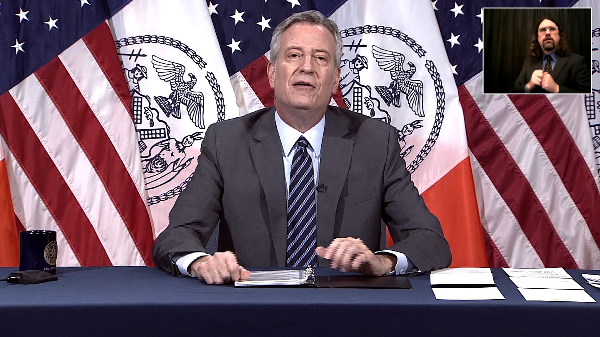 New York City Mayor Bill de Blasio speaks during a coronavirus briefing in New York City on May 20.