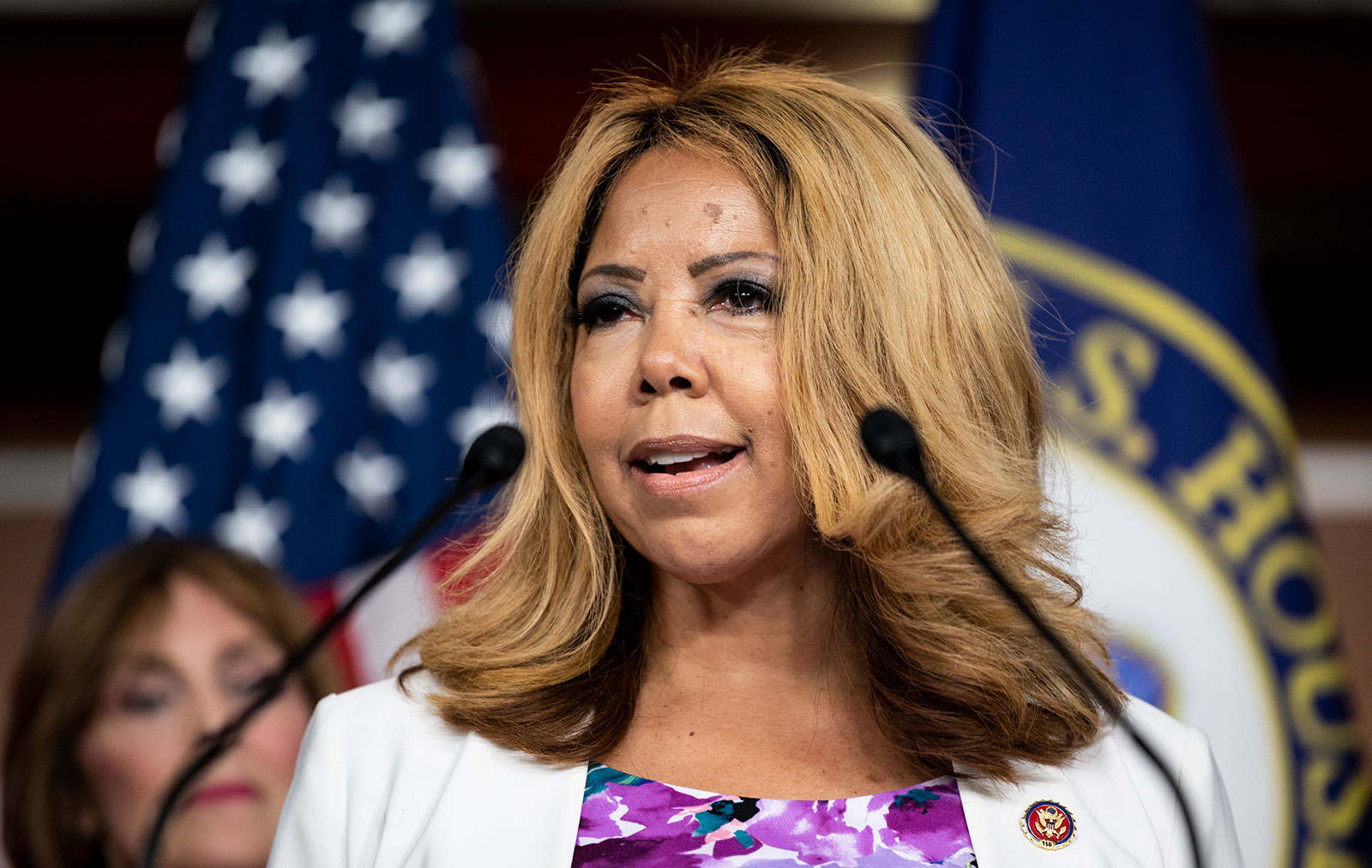 Rep. Lucy McBath participates in a news conference in 2021. 