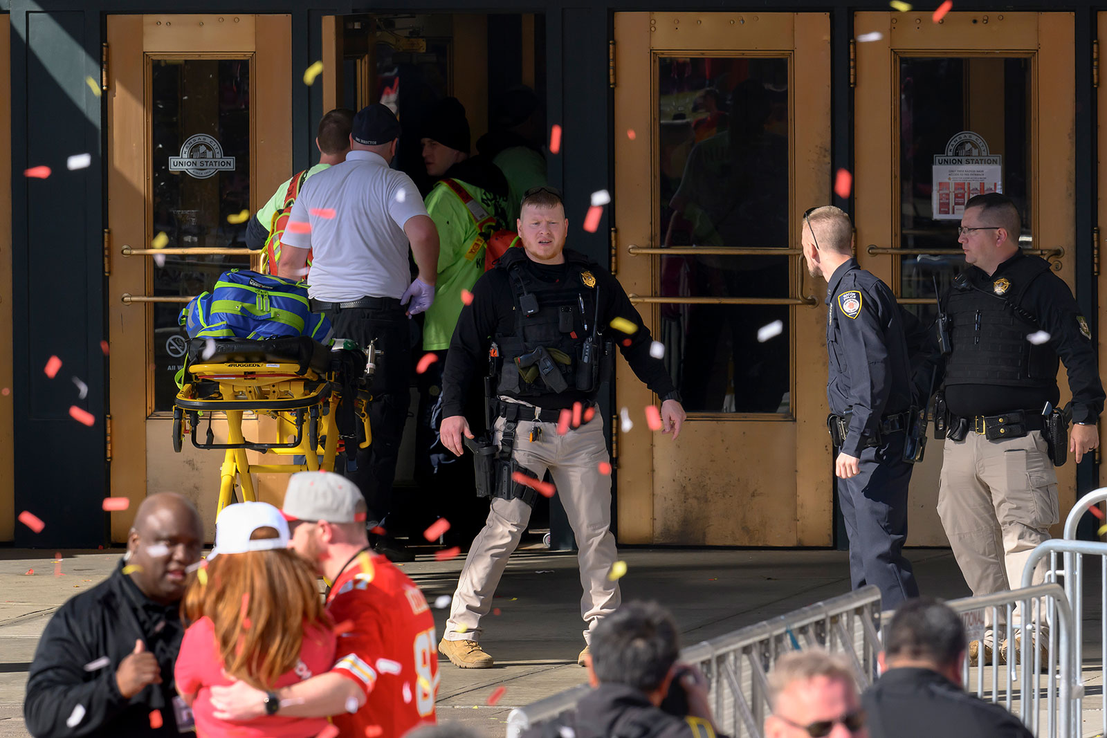 Emergency personnel take a stretcher into Union Station following a shooting on Wednesday.