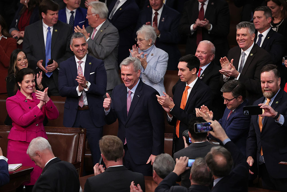 Republican leader Kevin McCarthy gives a thumbs-up after being elected speaker of the House of Representatives on Saturday.